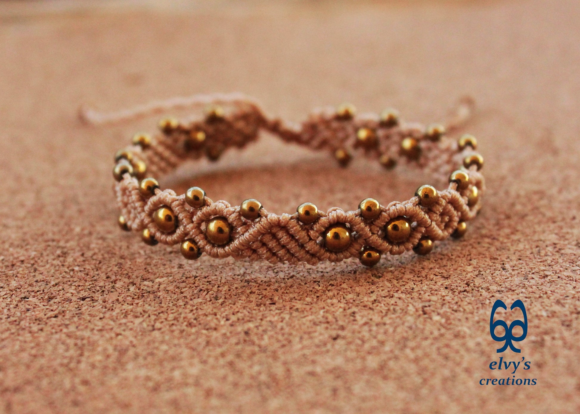 Beige Macrame Adjustable Bracelet with Gold  Hematite Gemstone Beads