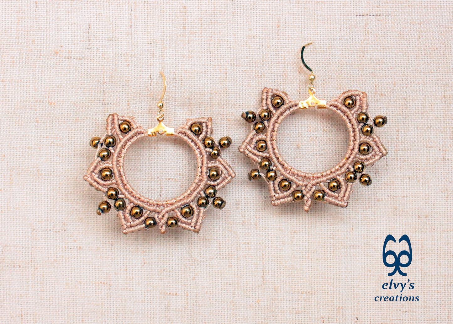 Gold Macrame Earrings, Hematite Dangle Gemstone Beads Earrings, Birthday Gift for Women