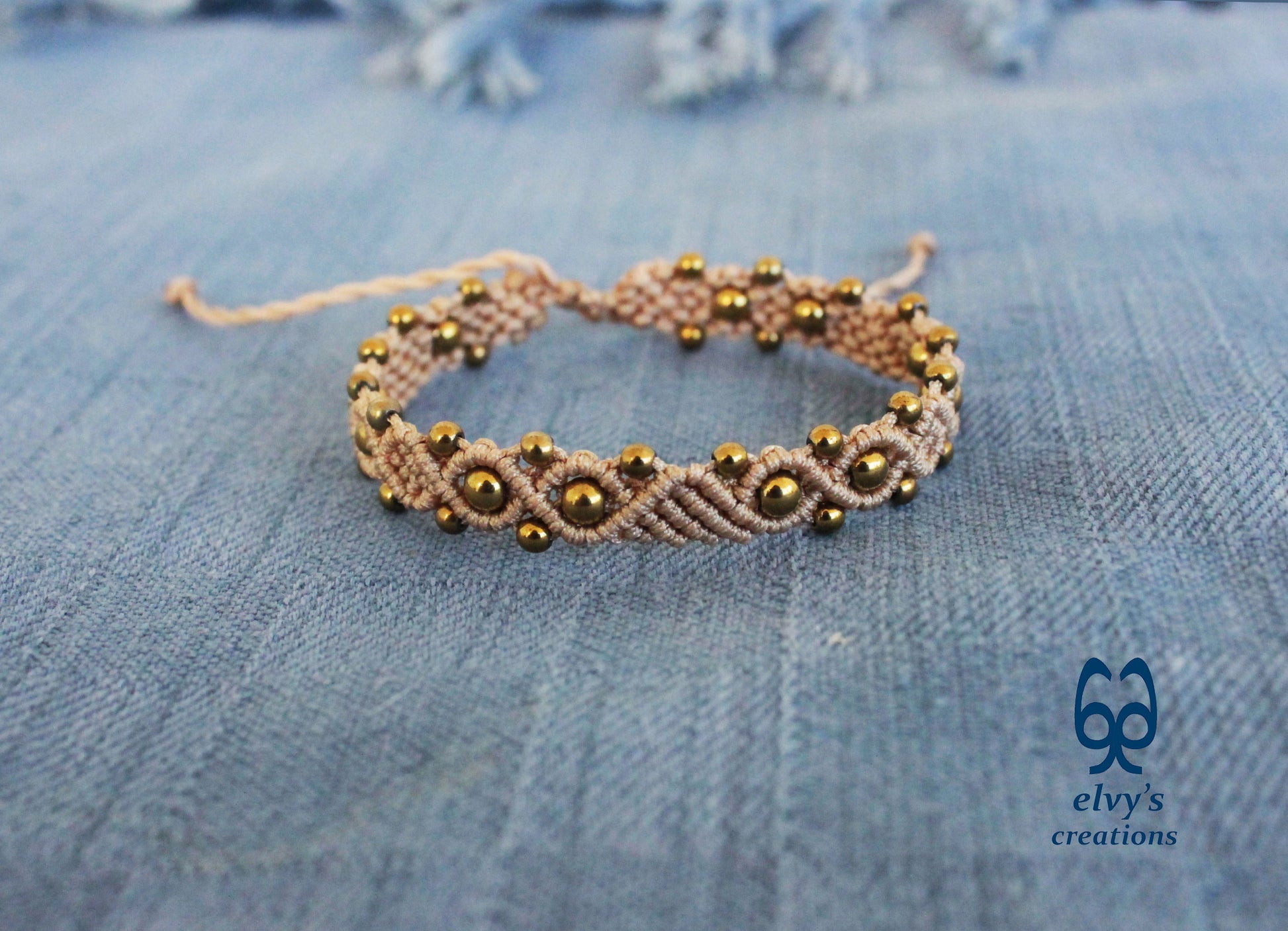 Beige Macrame Adjustable Bracelet with Gold  Hematite Gemstone Beads