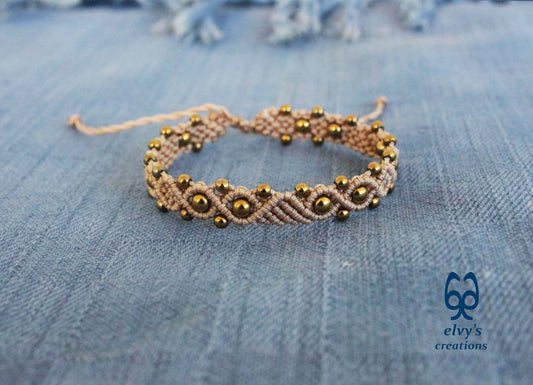 Beige Macrame Adjustable Bracelet with Gold  Hematite Gemstone Beads