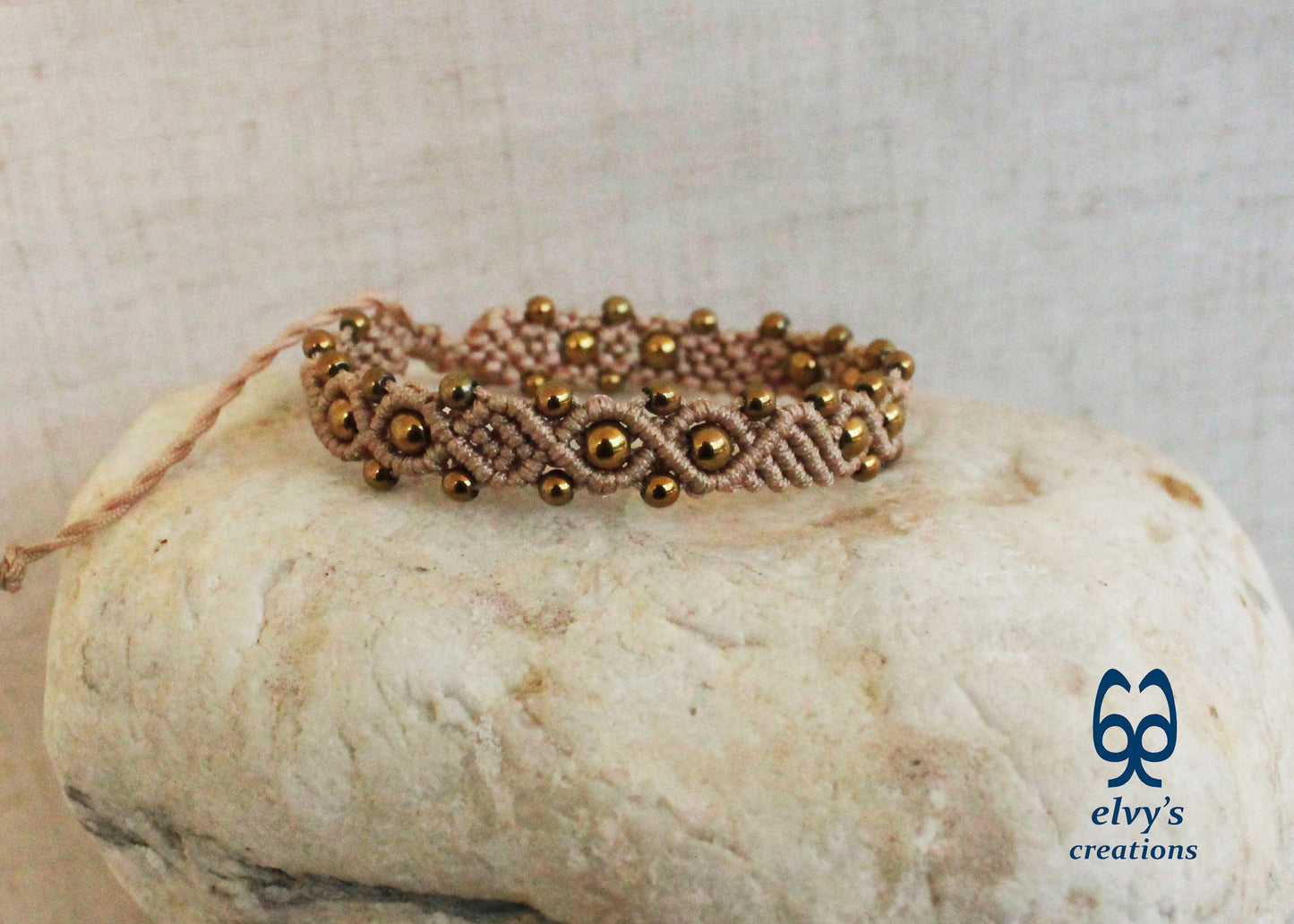 Beige Macrame Adjustable Bracelet with Gold  Hematite Gemstone Beads