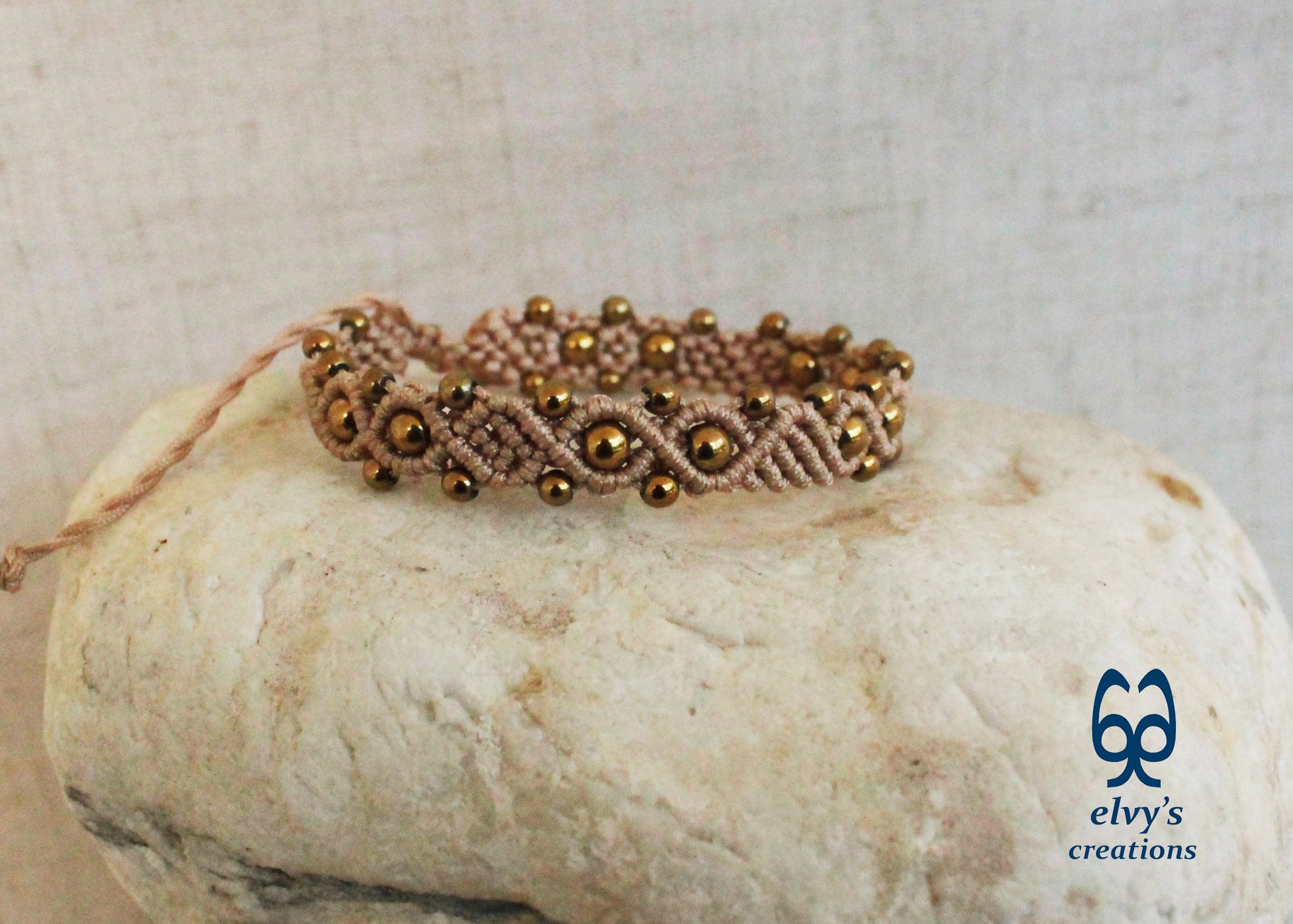 Beige Macrame Adjustable Bracelet with Gold  Hematite Gemstone Beads
