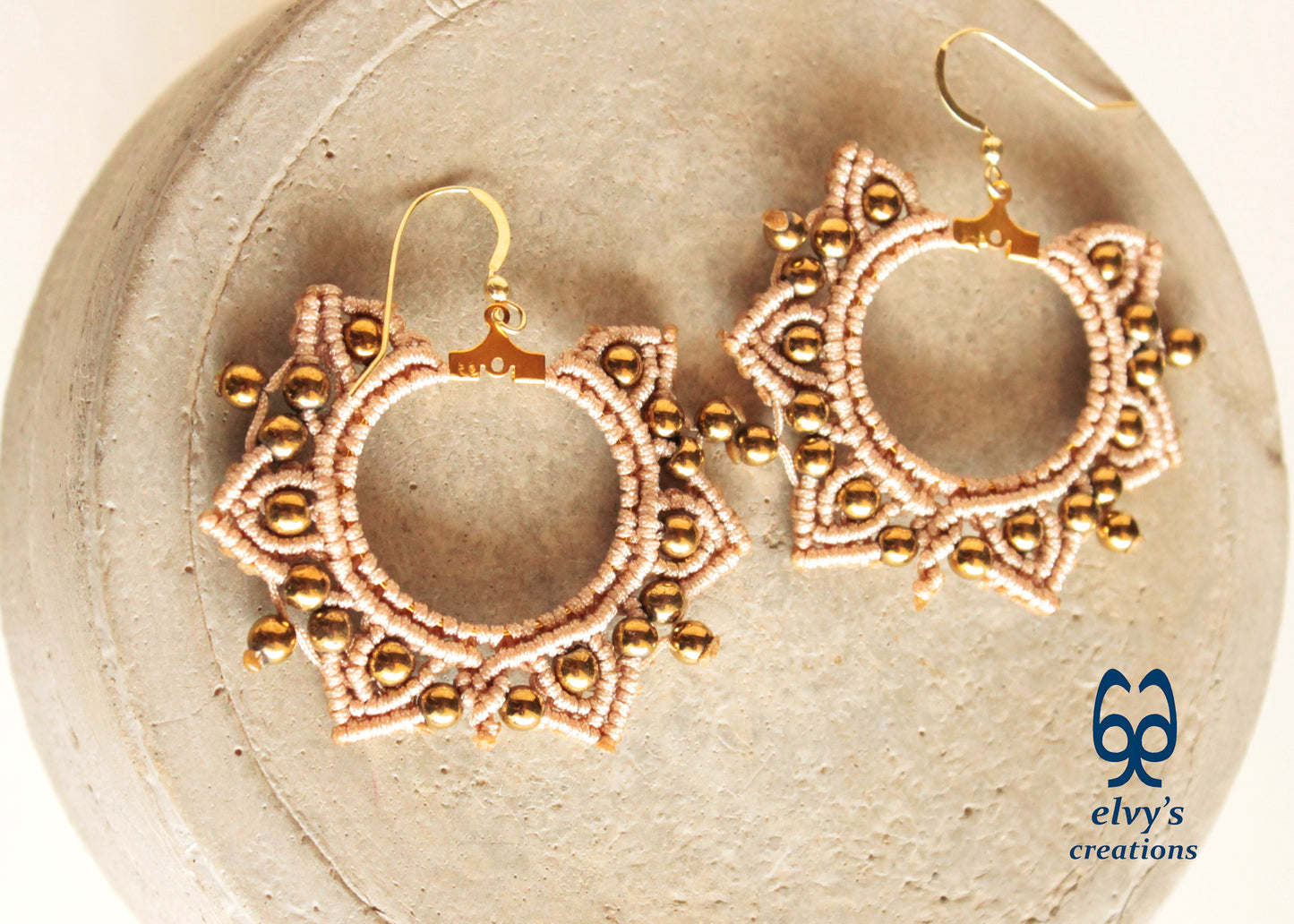 Gold Macrame Earrings, Hematite Dangle Gemstone Beads Earrings, Birthday Gift for Women