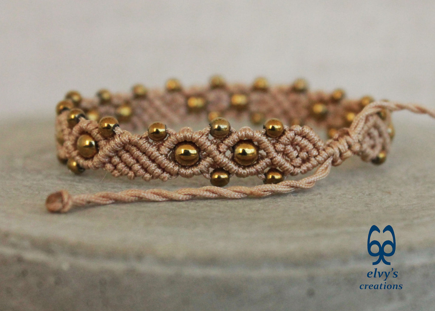 Beige Macrame Adjustable Bracelet with Gold  Hematite Gemstone Beads