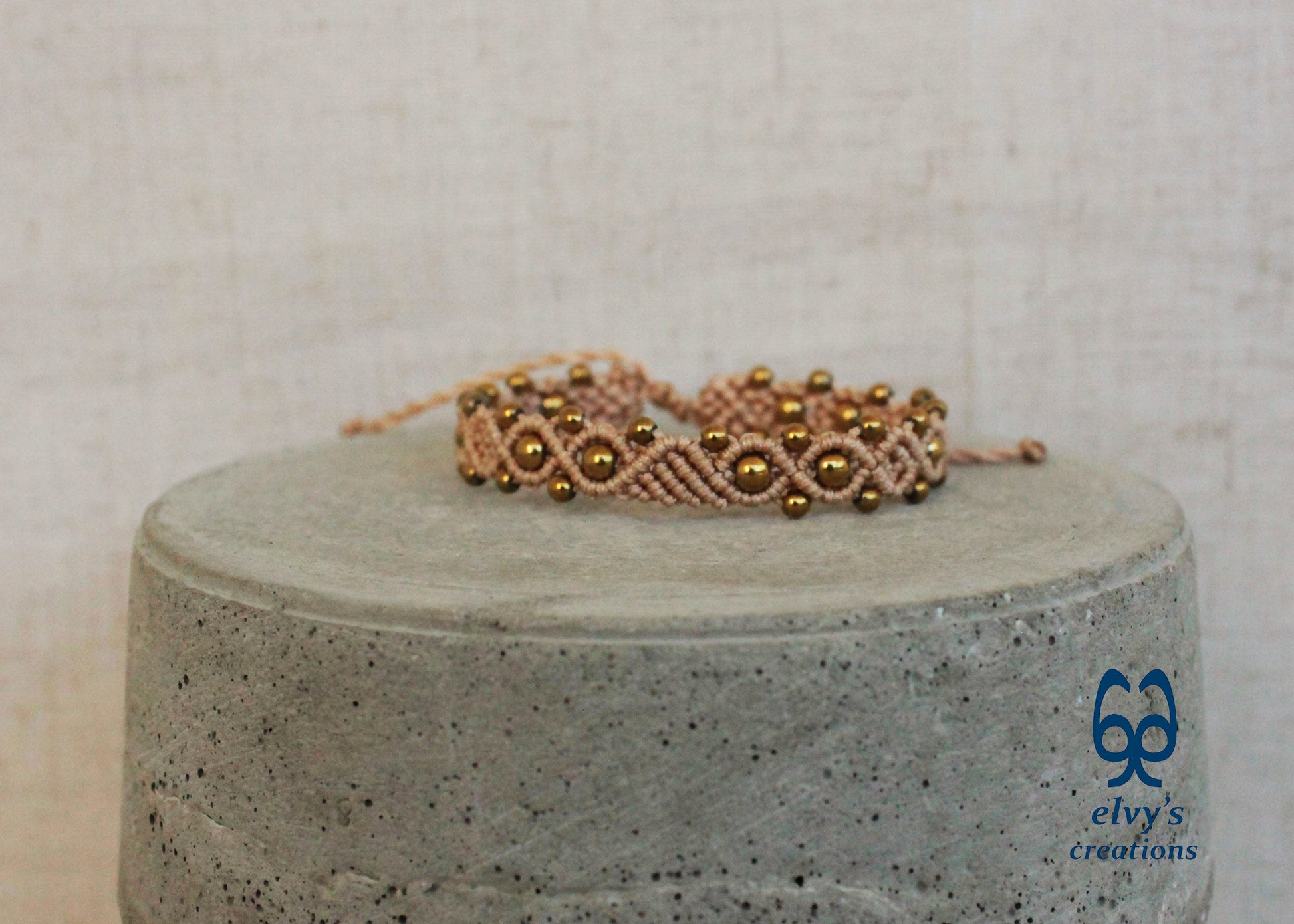 Beige Macrame Adjustable Bracelet with Gold  Hematite Gemstone Beads