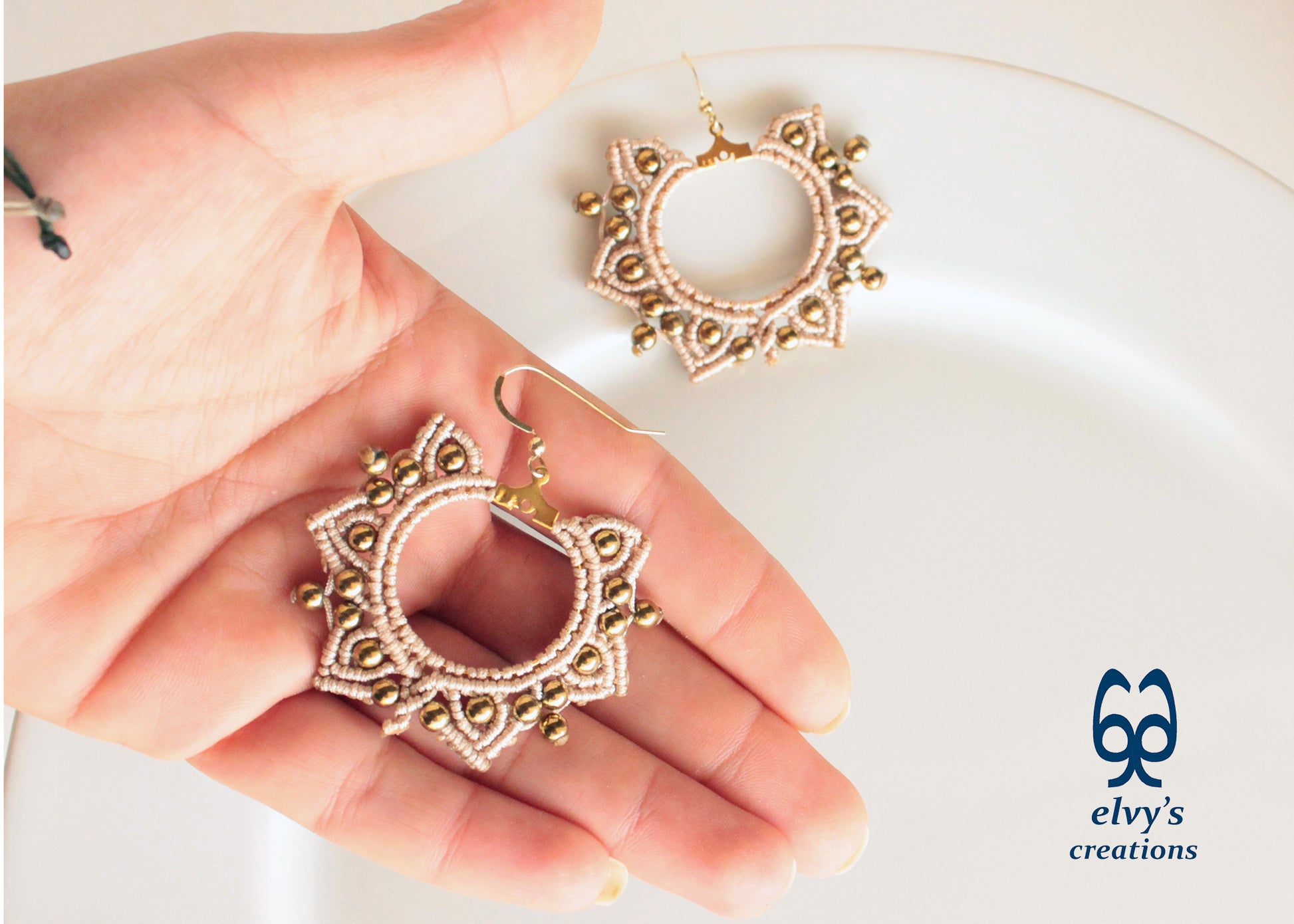 Gold Macrame Earrings, Hematite Dangle Gemstone Beads Earrings, Birthday Gift for Women