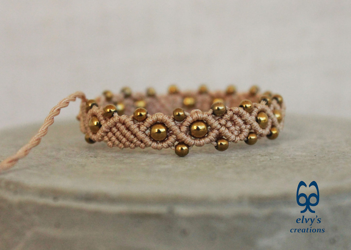 Beige Macrame Adjustable Bracelet with Gold  Hematite Gemstone Beads