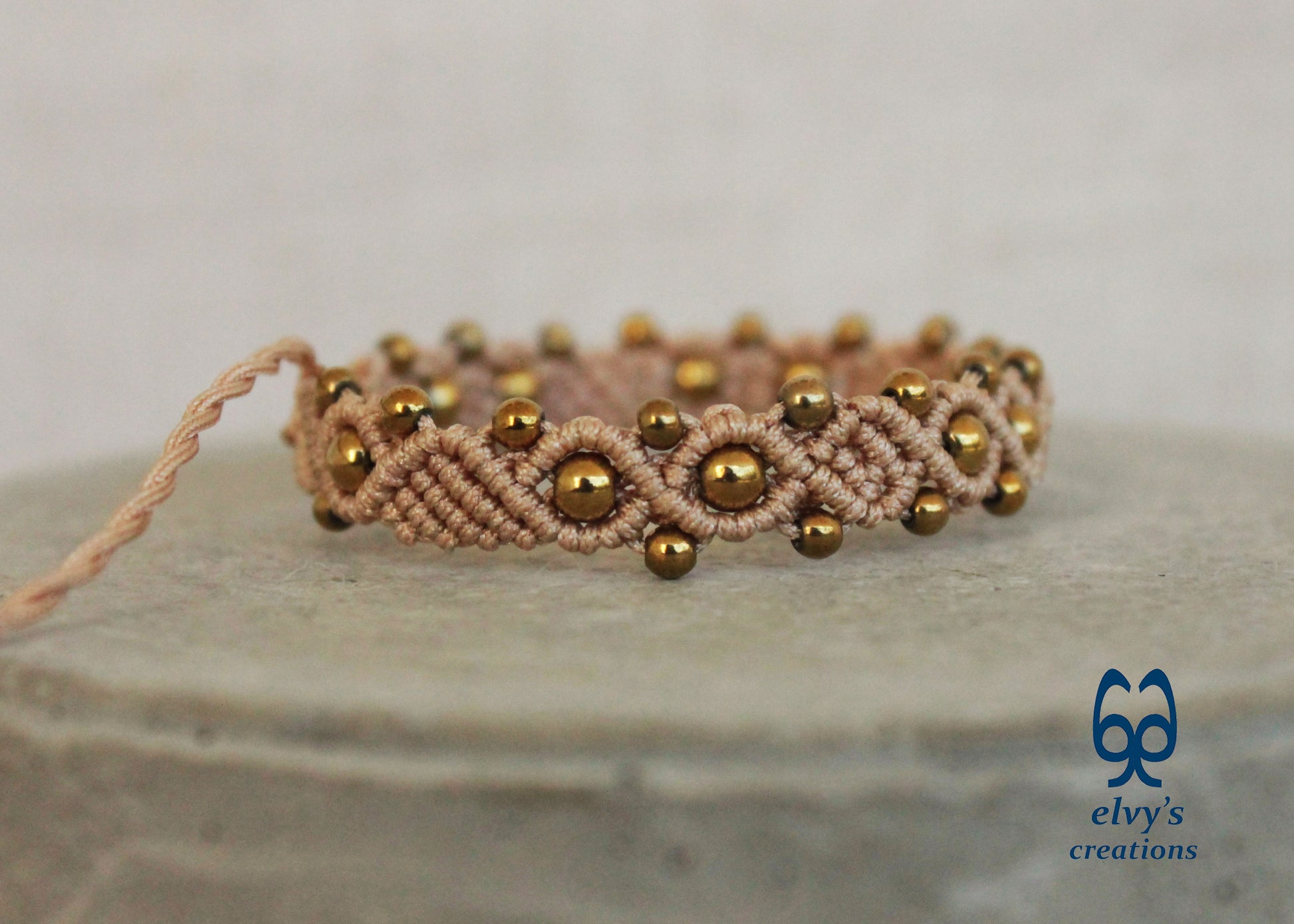 Beige Macrame Adjustable Bracelet with Gold  Hematite Gemstone Beads