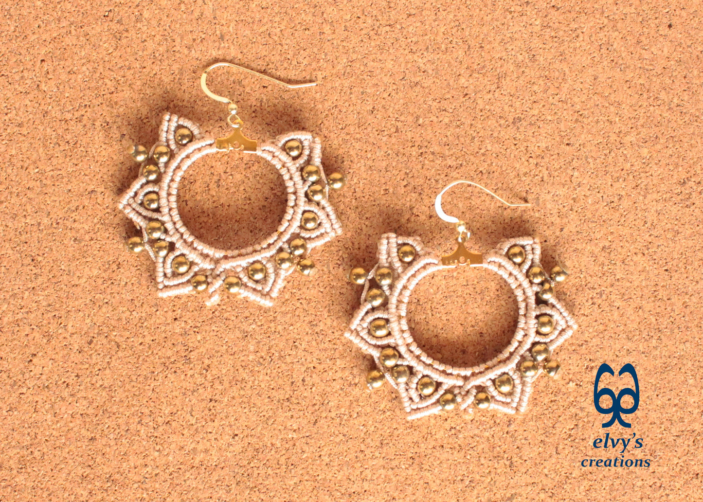 Gold Macrame Earrings, Hematite Dangle Gemstone Beads Earrings, Birthday Gift for Women