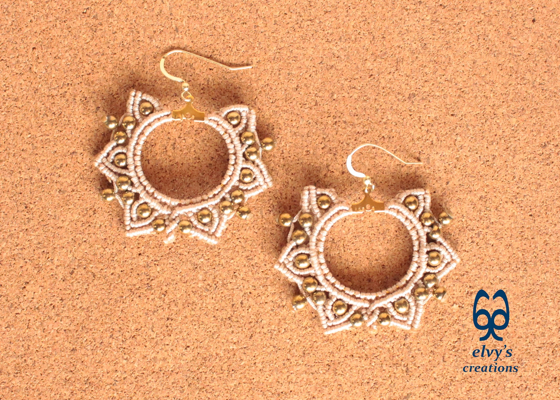 Gold Macrame Earrings, Hematite Dangle Gemstone Beads Earrings, Birthday Gift for Women