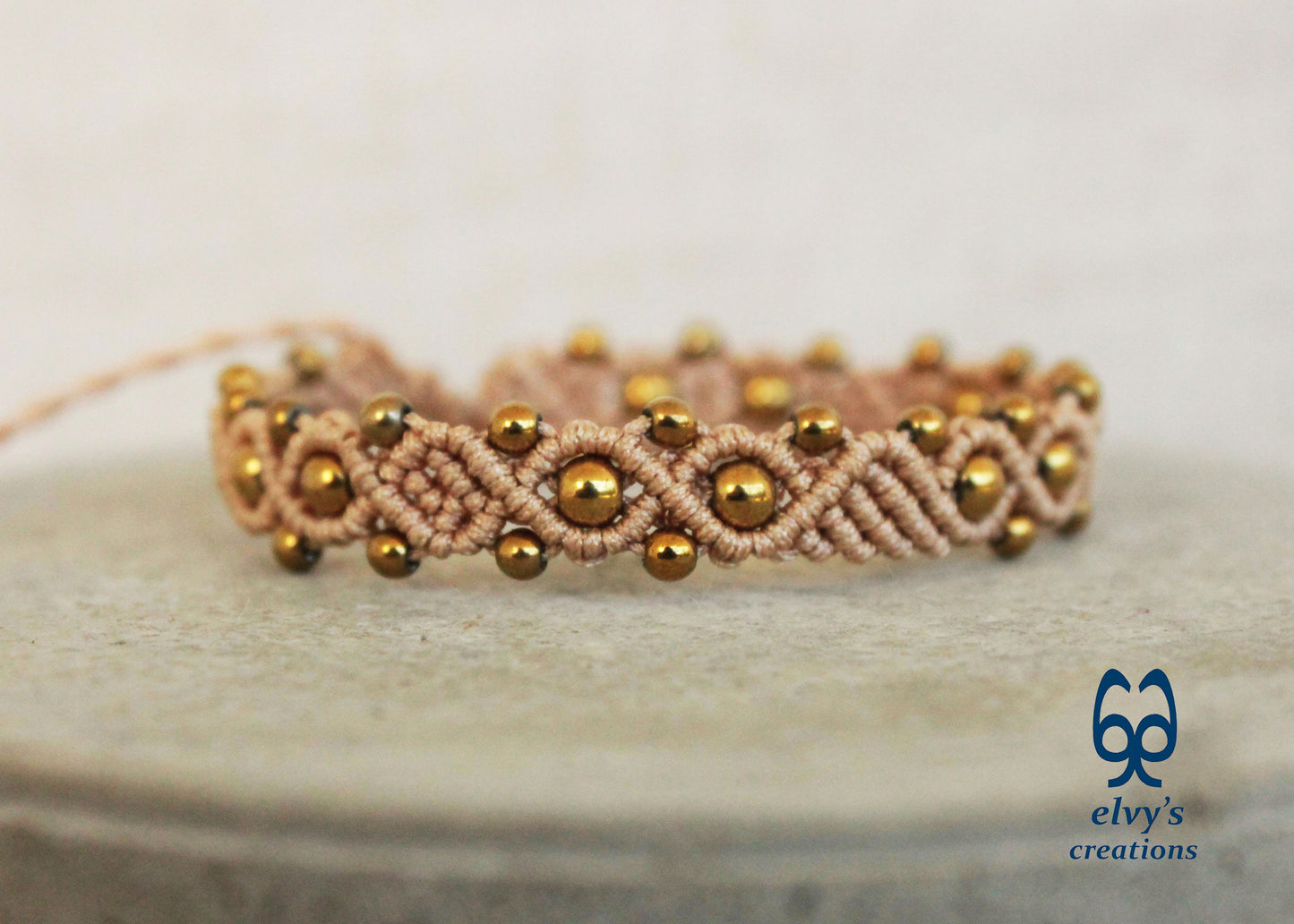 Beige Macrame Adjustable Bracelet with Gold  Hematite Gemstone Beads