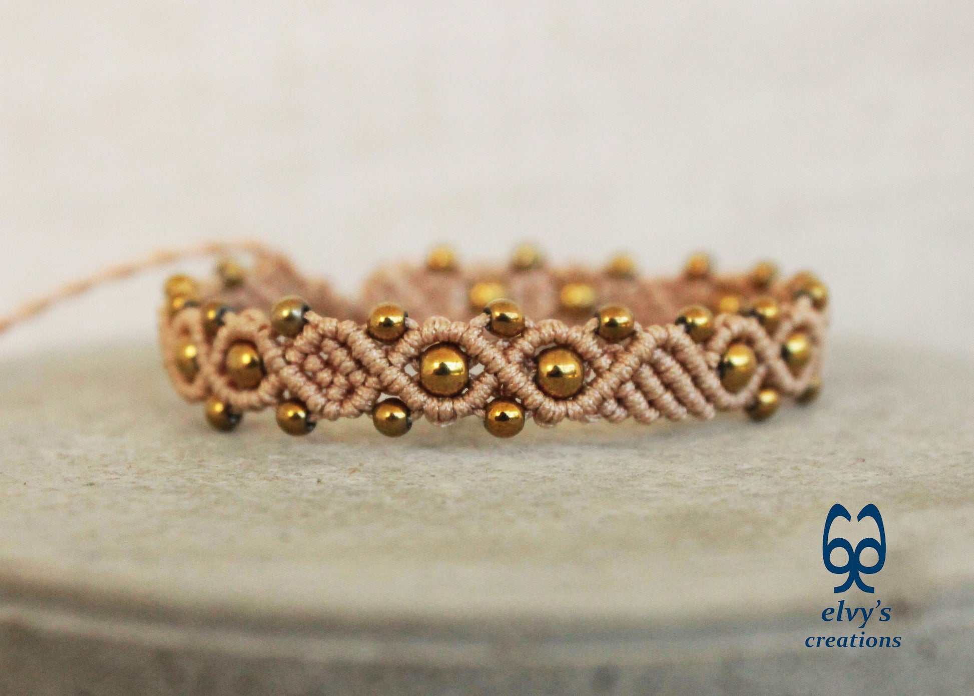 Beige Macrame Adjustable Bracelet with Gold  Hematite Gemstone Beads