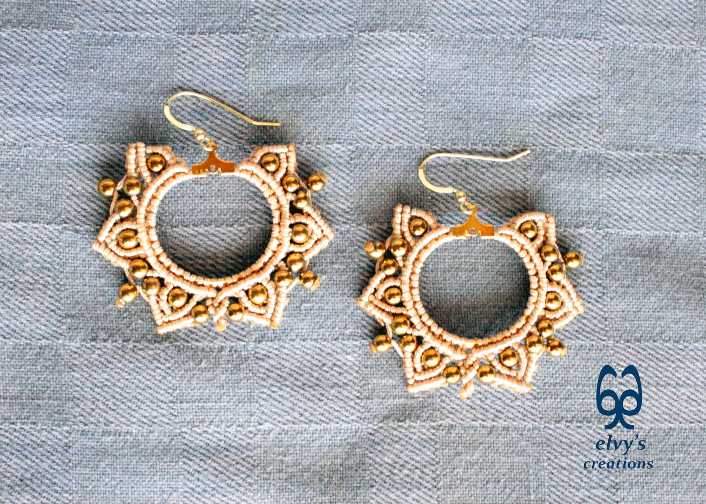 Gold Macrame Earrings, Hematite Dangle Gemstone Beads Earrings, Birthday Gift for Women