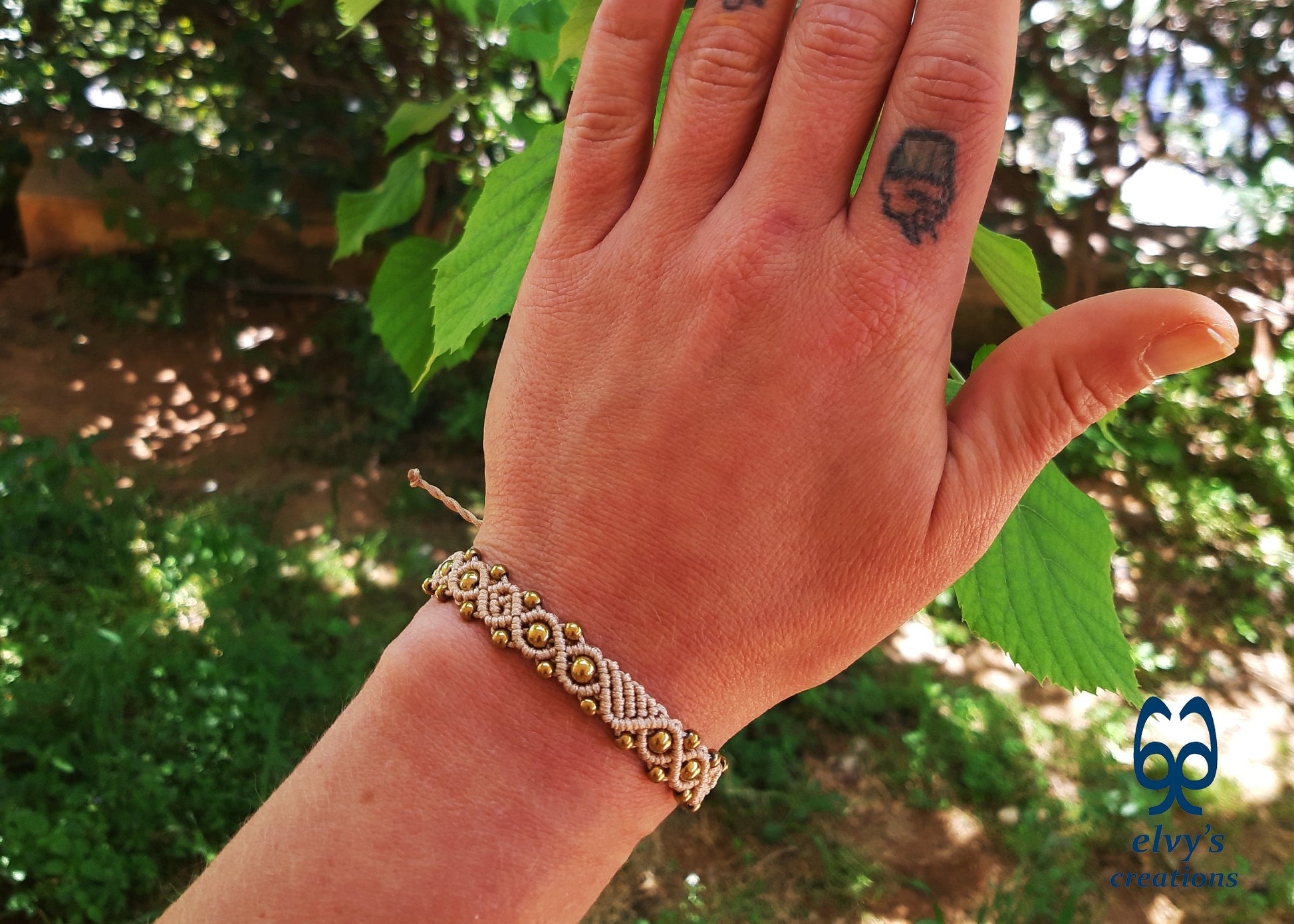 Beige Macrame Adjustable Bracelet with Gold  Hematite Gemstone Beads