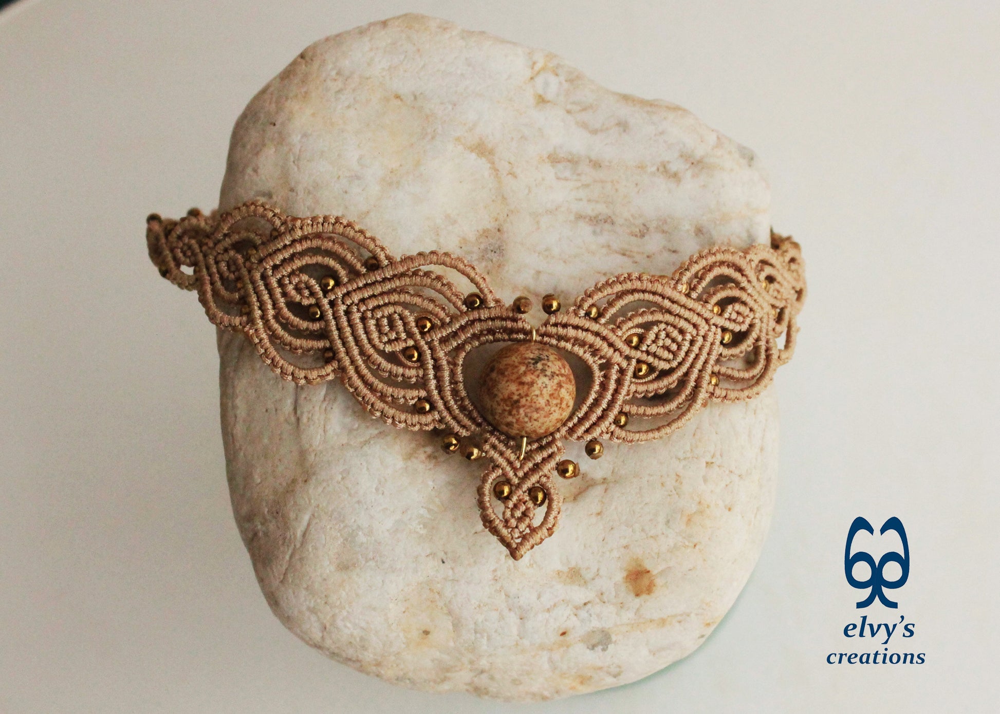 Beige Macrame Choker Necklace with Hematite and Agate Gemstones