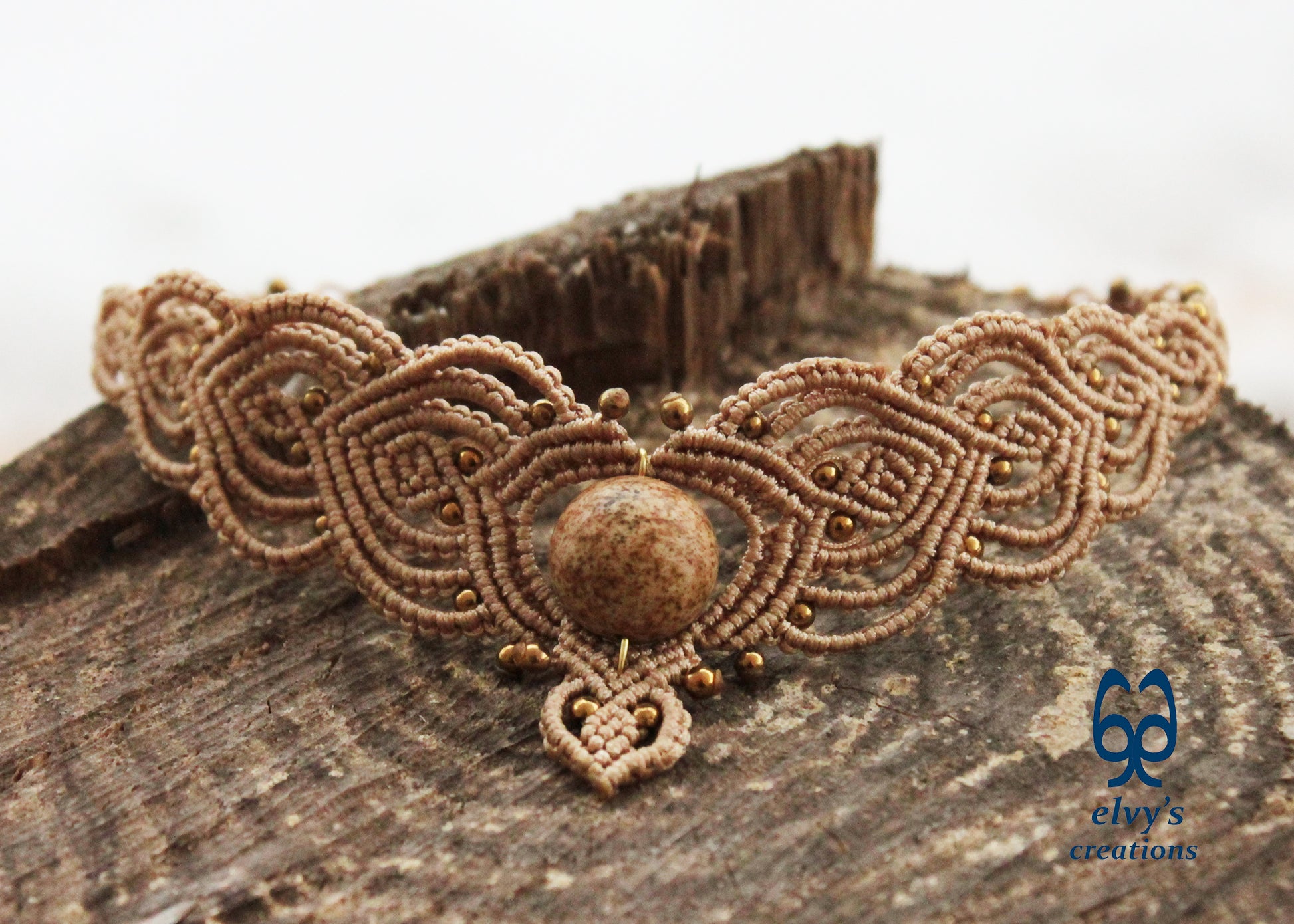 Beige Macrame Choker Necklace with Hematite and Agate Gemstones