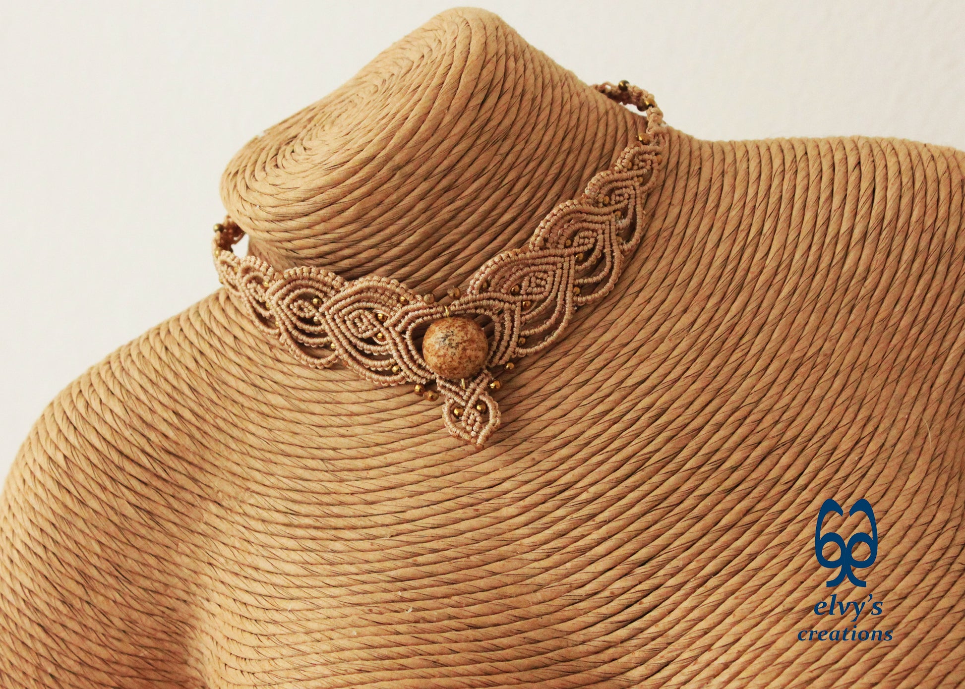 Beige Macrame Choker Necklace with Hematite and Agate Gemstones