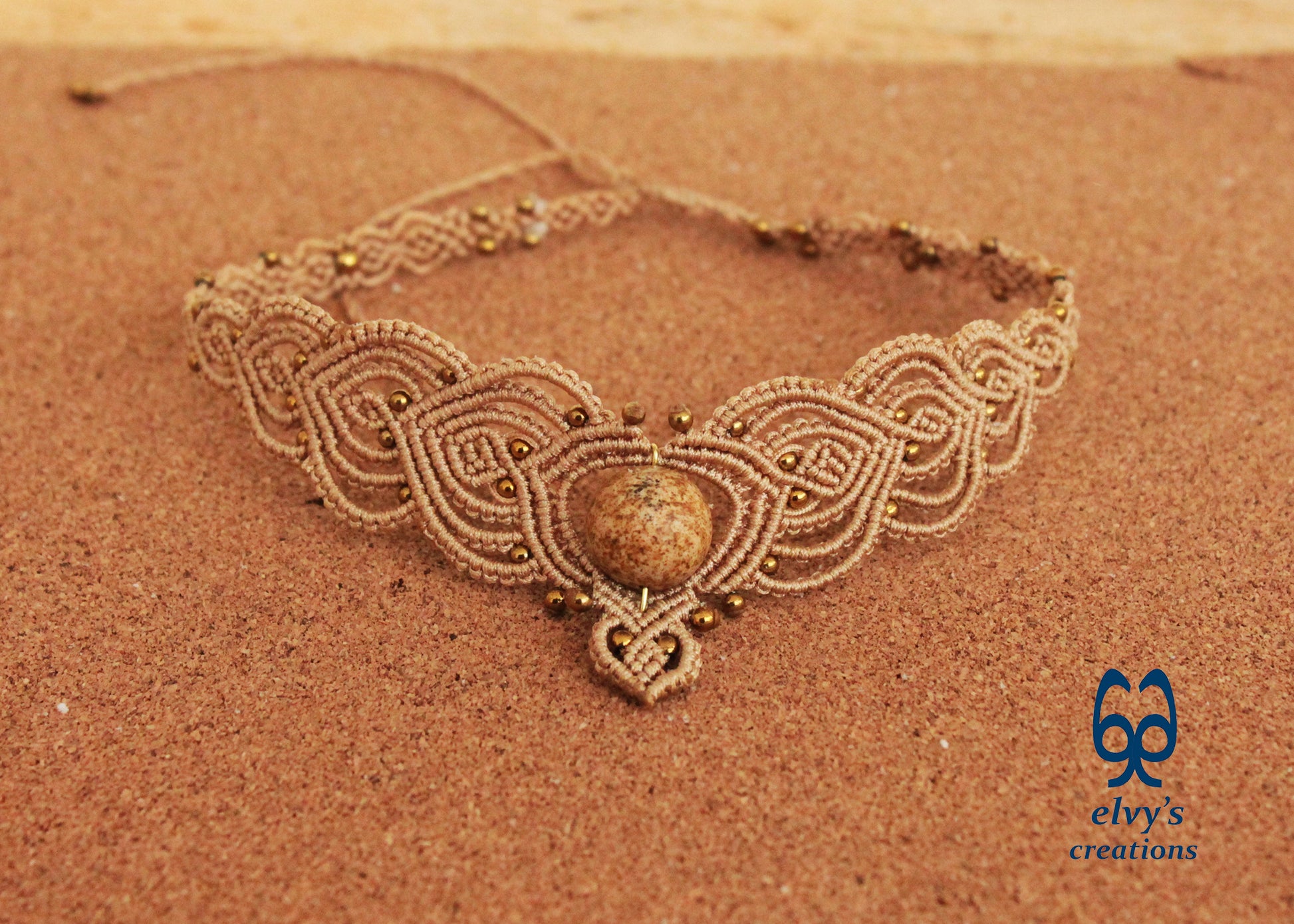 Beige Macrame Choker Necklace with Hematite and Agate Gemstones
