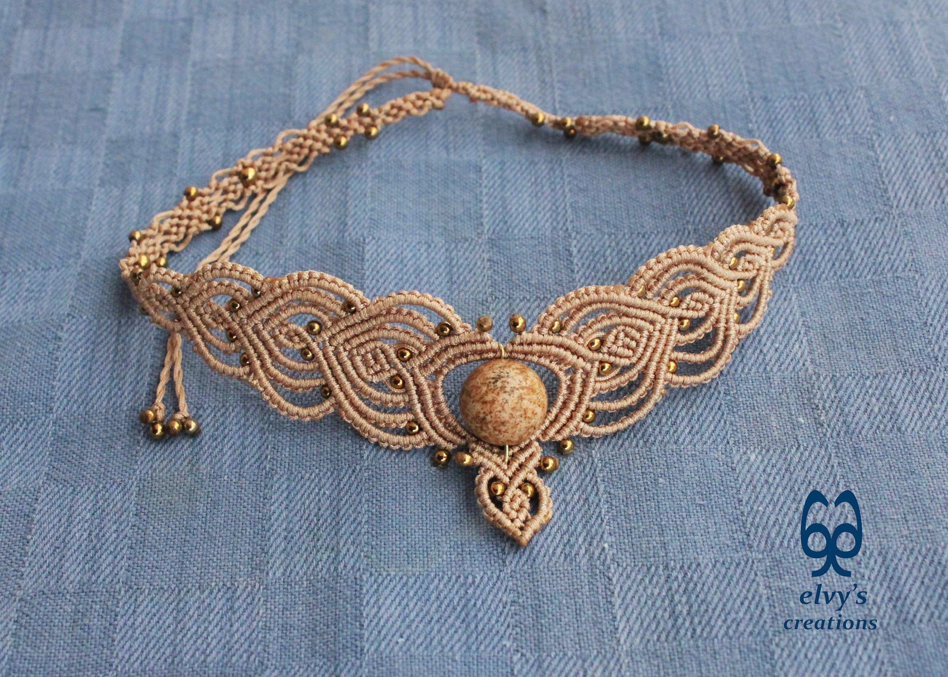 Beige Macrame Choker Necklace with Hematite and Agate Gemstones