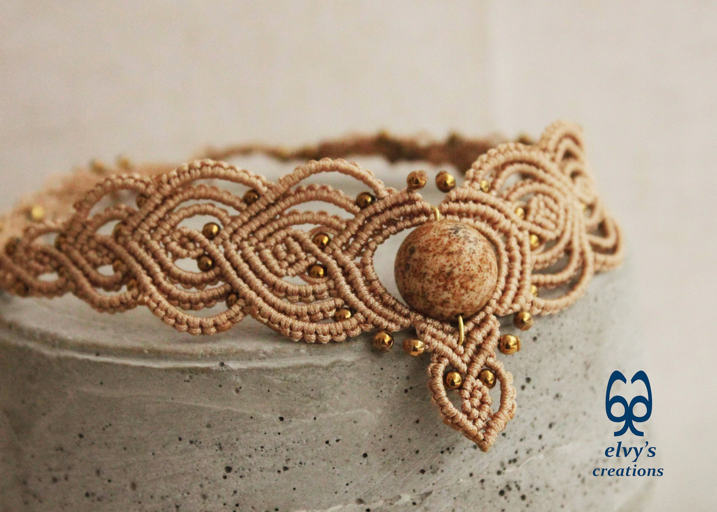 Beige Macrame Choker Necklace with Hematite and Agate Gemstones