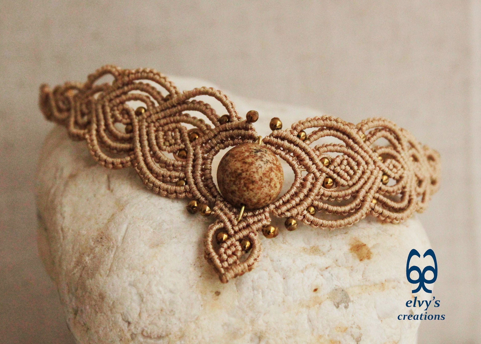 Beige Macrame Choker Necklace with Hematite and Agate Gemstones