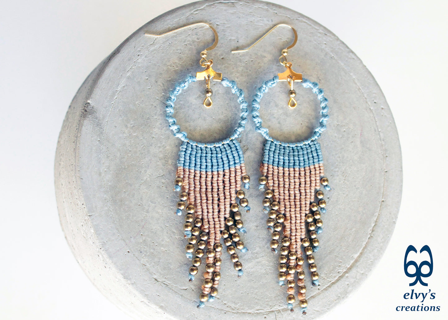 Blue and Beige Macrame Hoop Earrings with Gold Hematite Gemstones Sterling Silver Earrings Gold Earrings