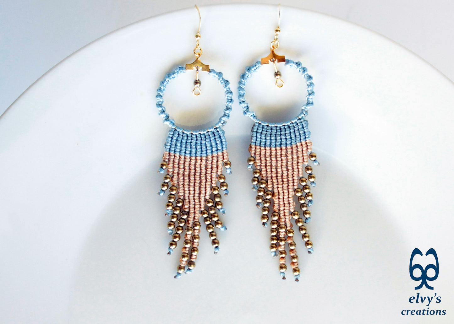 Blue and Beige Macrame Hoop Earrings with Gold Hematite Gemstones Sterling Silver Earrings Gold Earrings