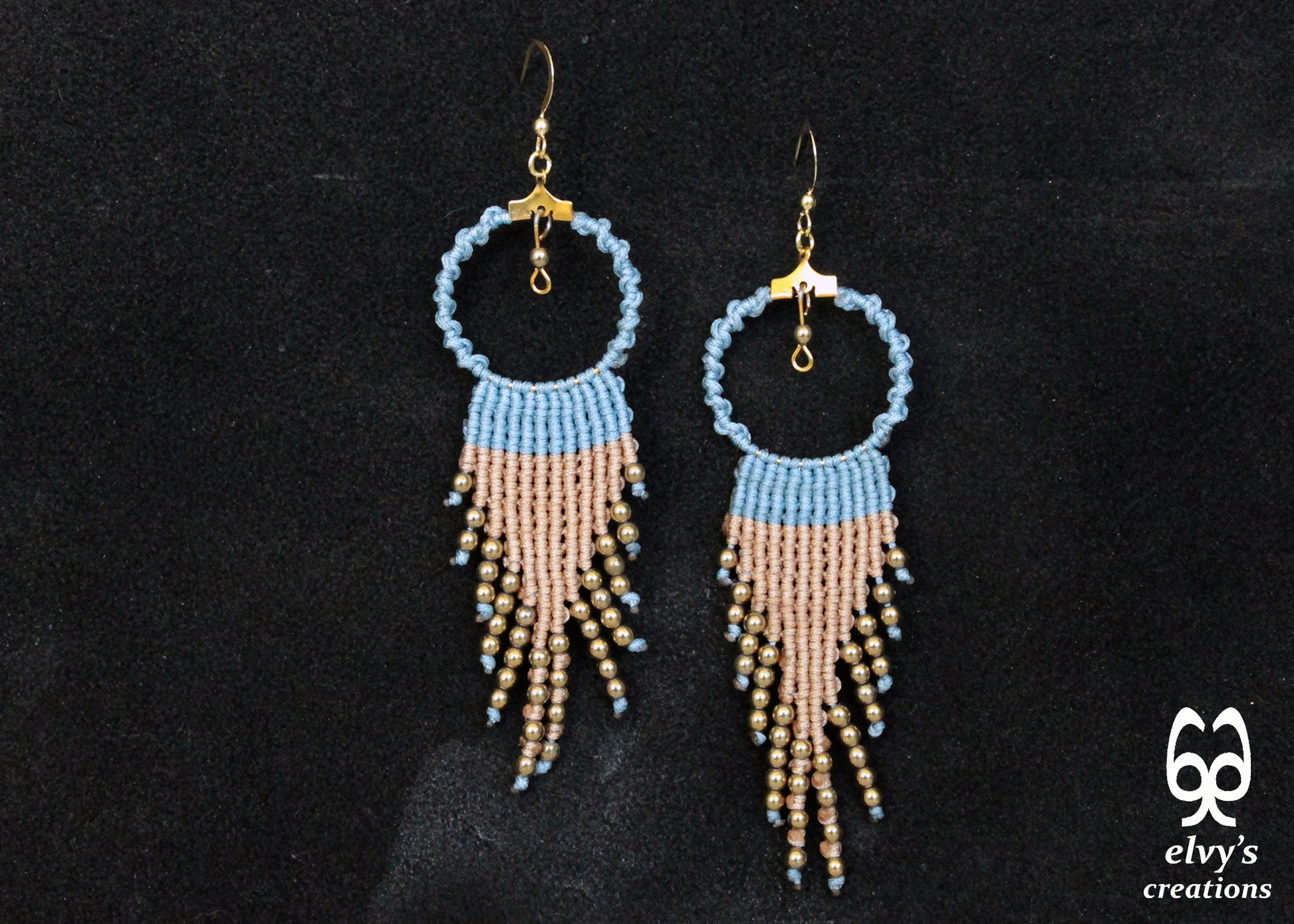 Blue and Beige Macrame Hoop Earrings with Gold Hematite Gemstones Sterling Silver Earrings Gold Earrings