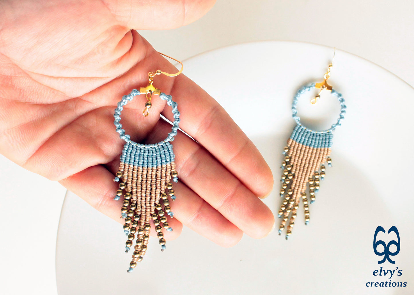 Blue and Beige Macrame Hoop Earrings with Gold Hematite Gemstones Sterling Silver Earrings Gold Earrings