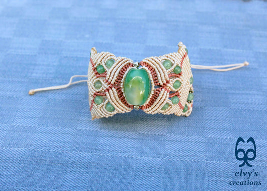 Handmade Macrame Bracelet, Aventurine Gemstone Beaded Cuff, Unique Birthday Gift for Women