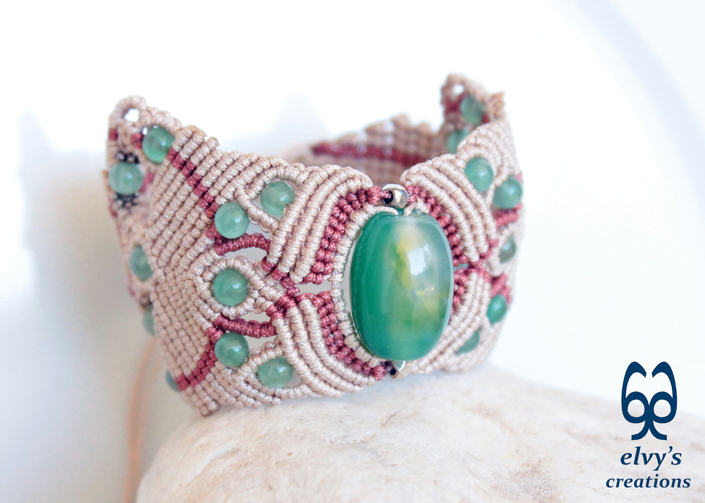 Handmade Macrame Bracelet, Aventurine Gemstone Beaded Cuff, Unique Birthday Gift for Women