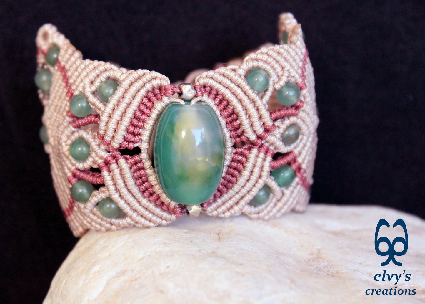 Handmade Macrame Bracelet, Aventurine Gemstone Beaded Cuff, Unique Birthday Gift for Women