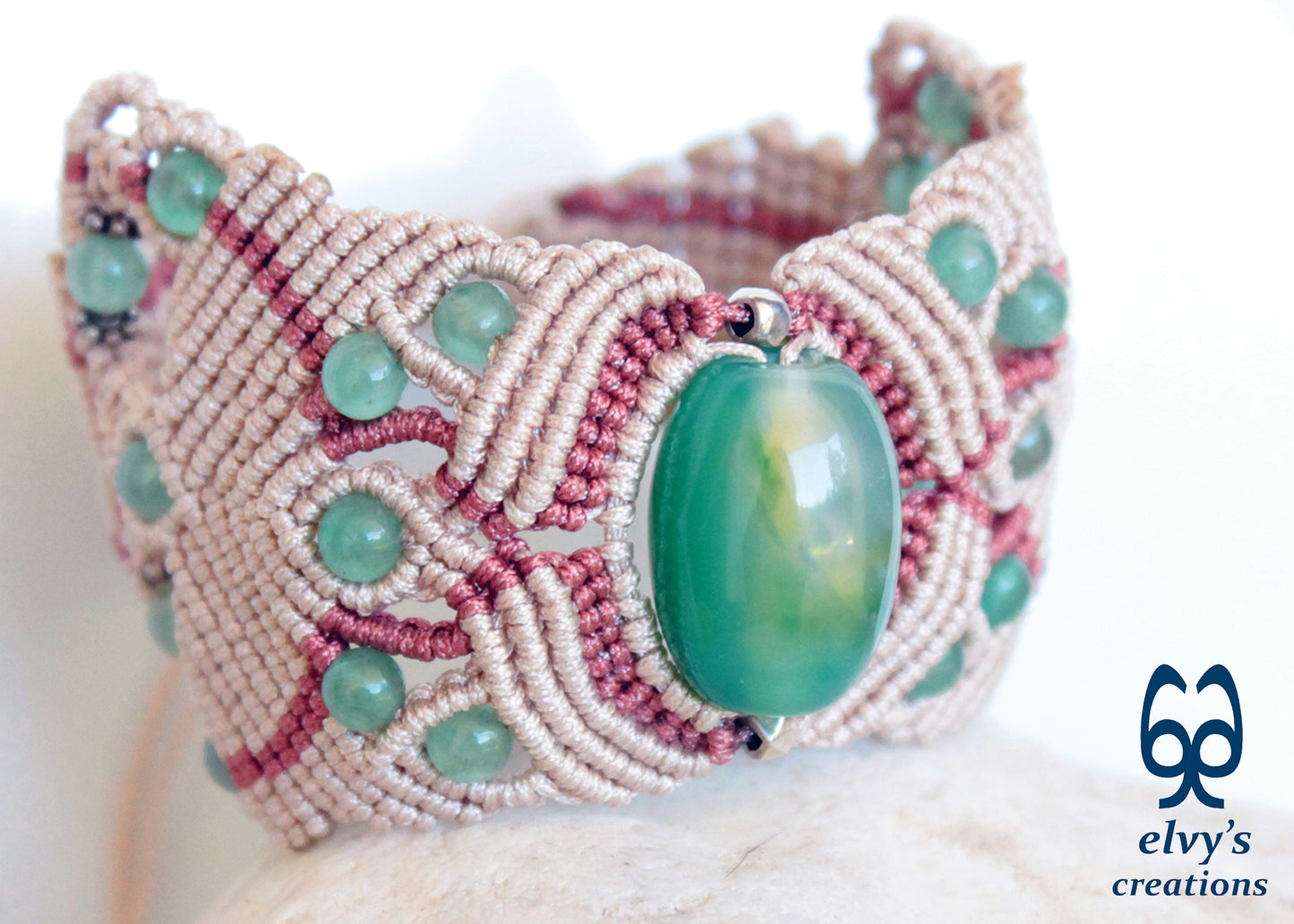 Handmade Macrame Bracelet, Aventurine Gemstone Beaded Cuff, Unique Birthday Gift for Women