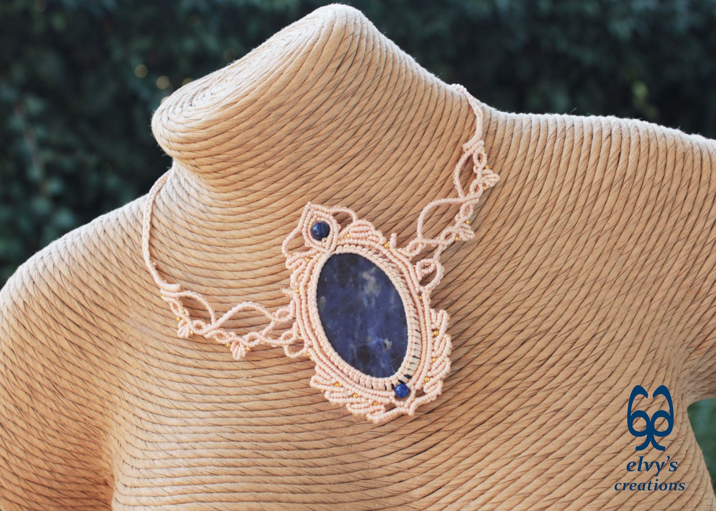 Handmade Blue Macrame Necklace with Crystal Lapis Lazuli Gemstones Sodalite Necklace Pendant