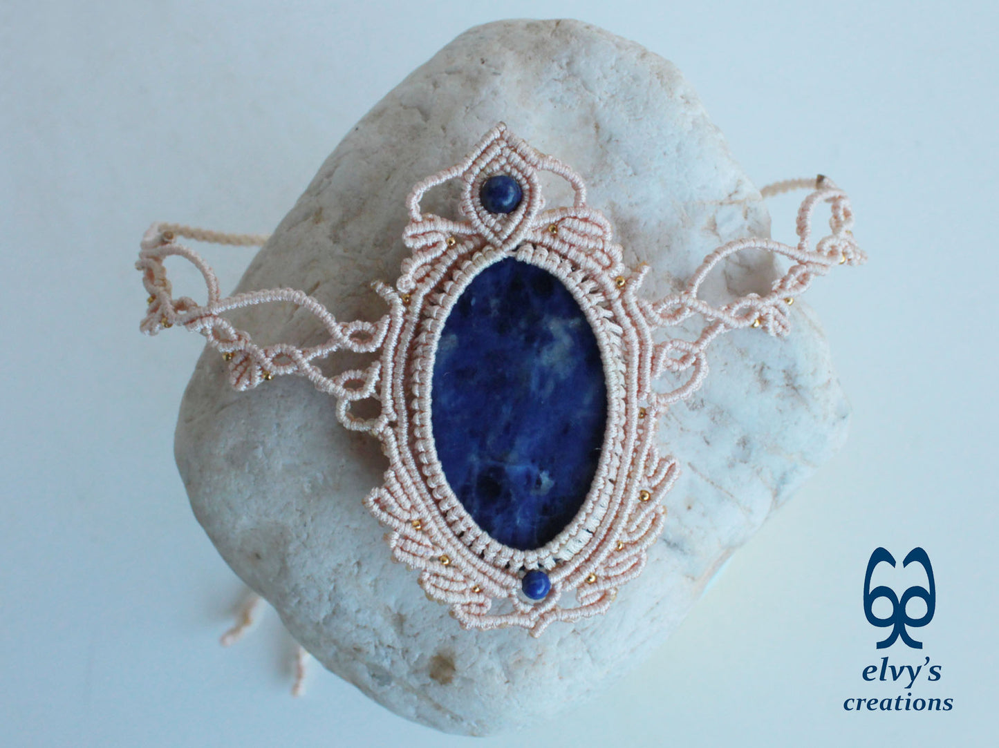 Handmade Blue Macrame Necklace with Crystal Lapis Lazuli Gemstones Sodalite Necklace Pendant