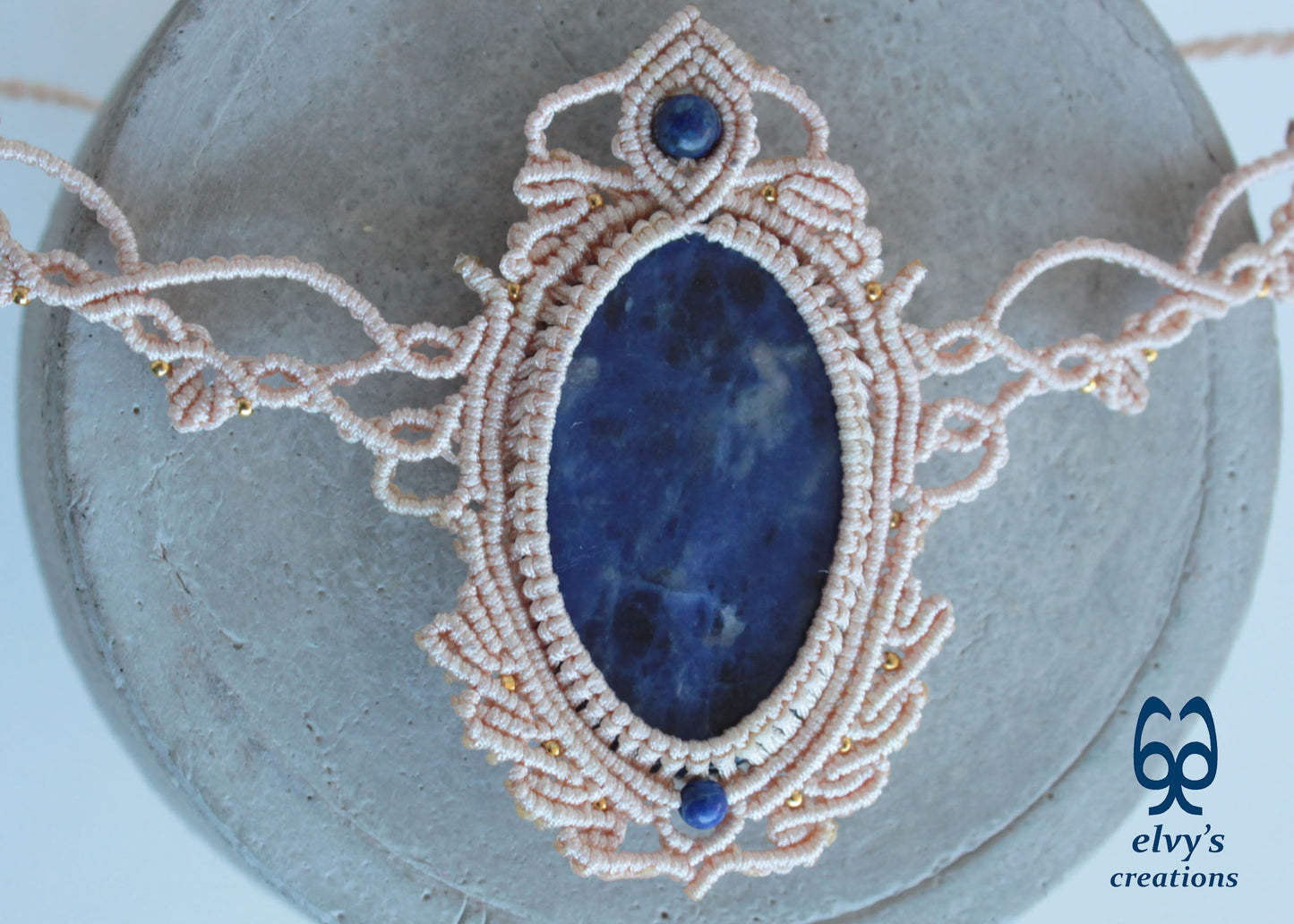 Handmade Blue Macrame Necklace with Crystal Lapis Lazuli Gemstones Sodalite Necklace Pendant