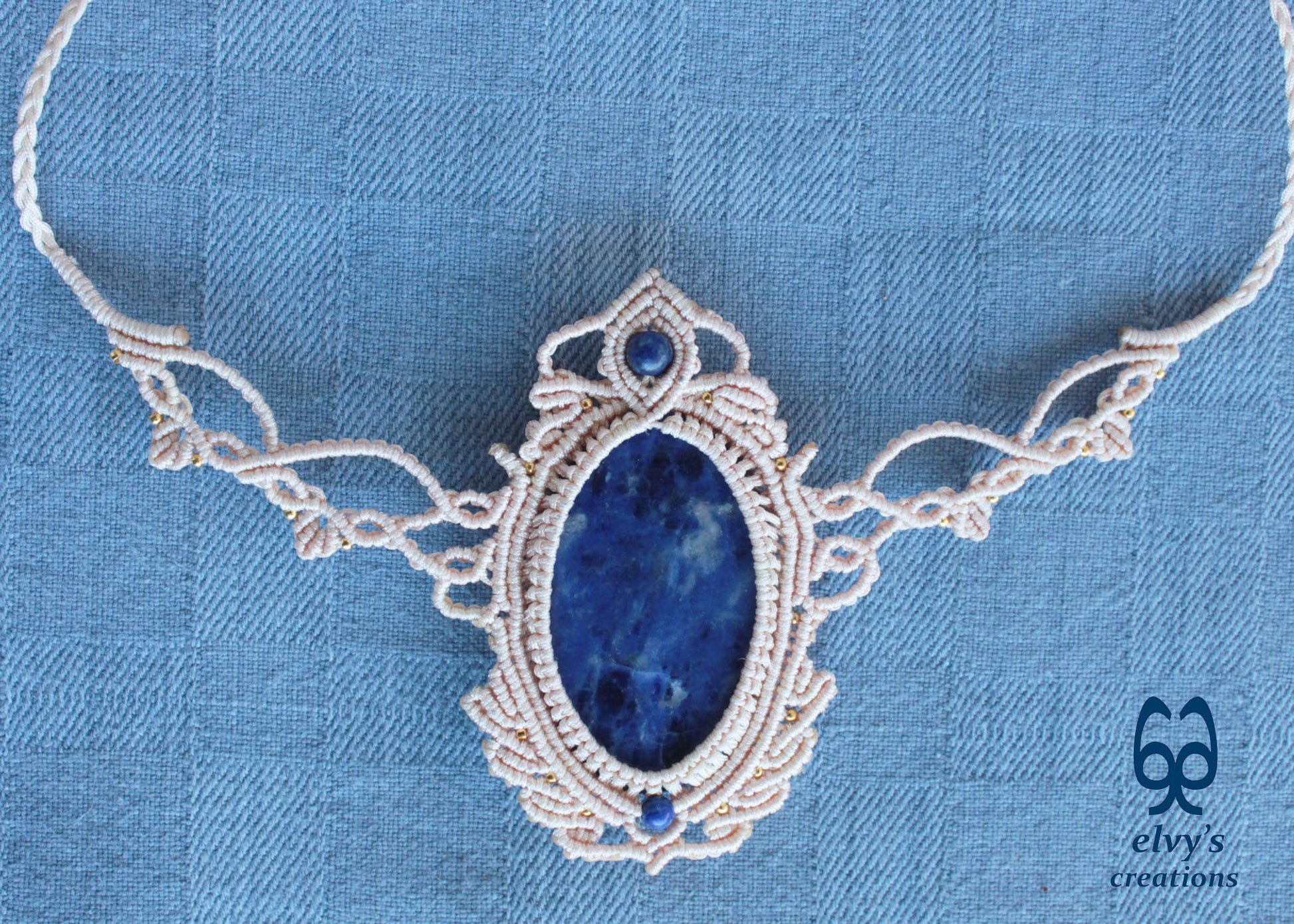 Handmade Blue Macrame Necklace with Crystal Lapis Lazuli Gemstones Sodalite Necklace Pendant