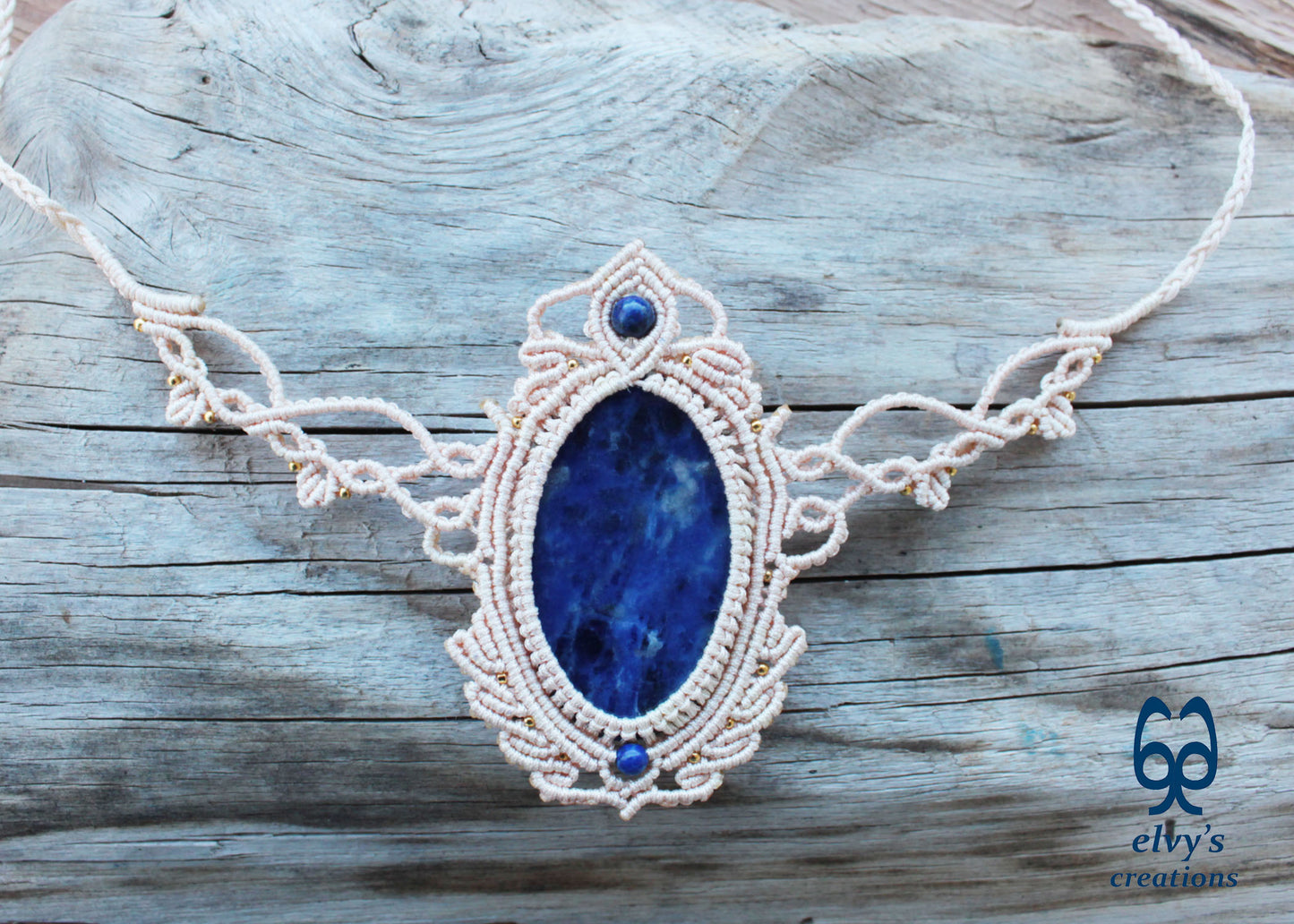 Handmade Blue Macrame Necklace with Crystal Lapis Lazuli Gemstones Sodalite Necklace Pendant