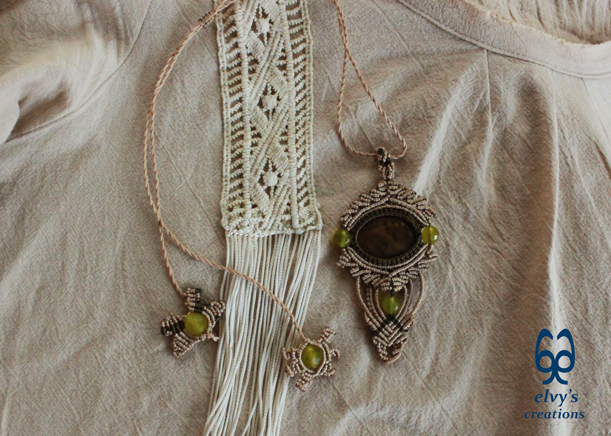 Beige Macrame Necklace with Jasper Gemstones Green Macrame Pendant Macrame Jasper Stone, Μπεζ Μακραμέ Κολιέ με Πρασινες Πετρες Κρυστάλλους  Ίασπις 