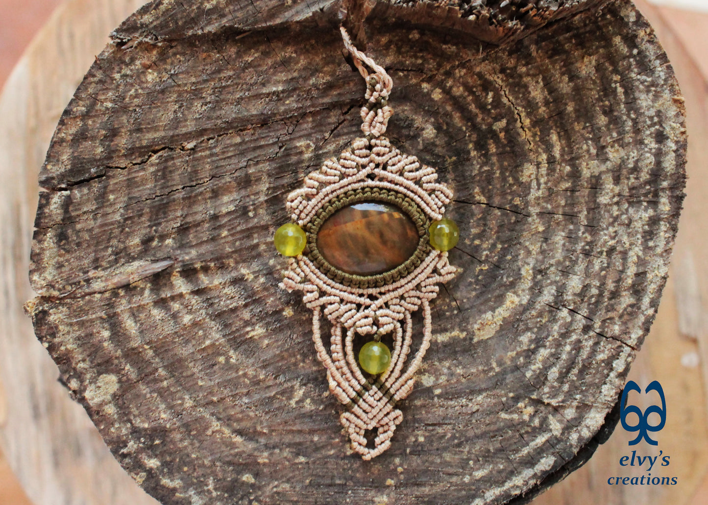 Beige Macrame Necklace with Jasper Gemstones Green Macrame Pendant Macrame Jasper Stone, Μπεζ Μακραμέ Κολιέ με Πρασινες Πετρες Κρυστάλλους  Ίασπις 