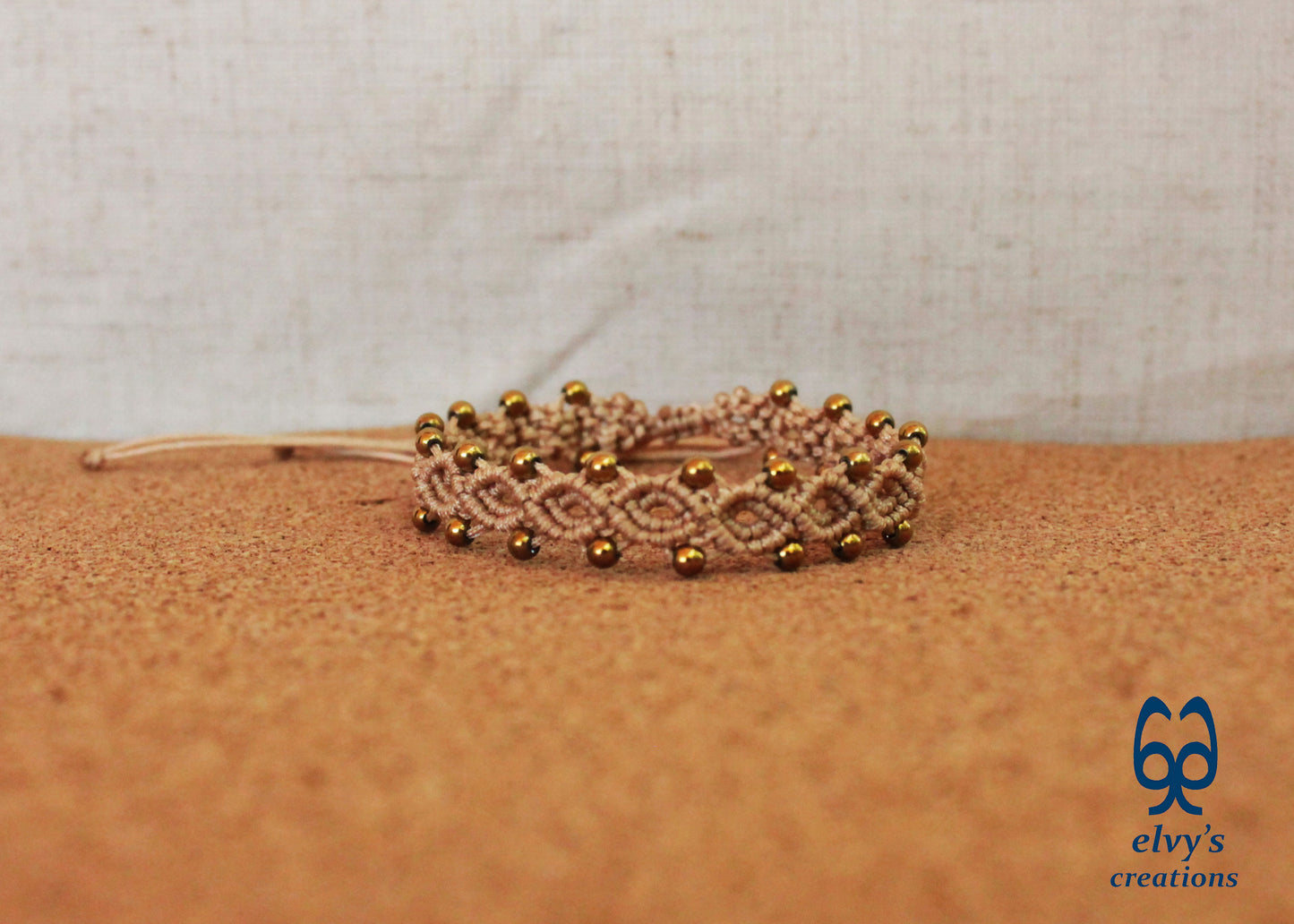 Beige Macrame Adjustable Bracelet with Gold  Hematite Gemstone Beads