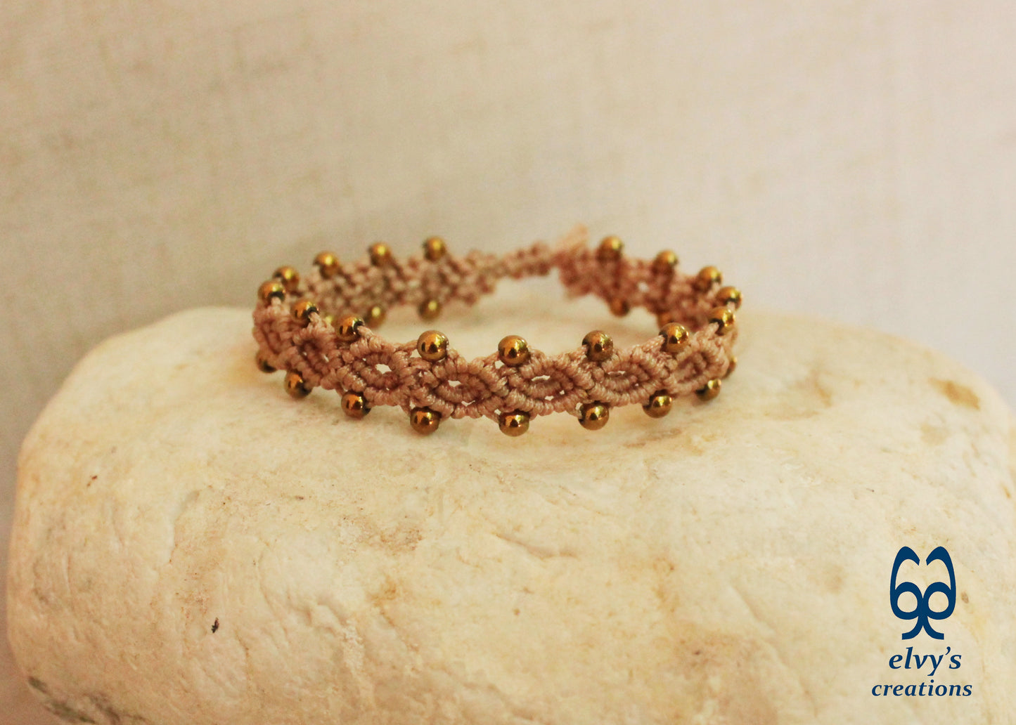 Beige Macrame Adjustable Bracelet with Gold  Hematite Gemstone Beads