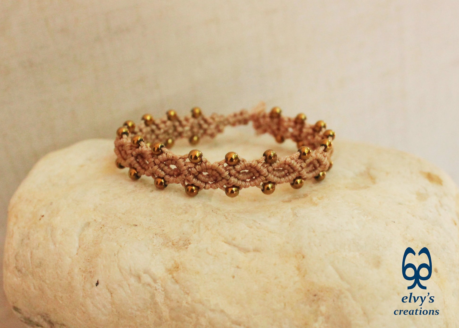 Beige Macrame Adjustable Bracelet with Gold  Hematite Gemstone Beads
