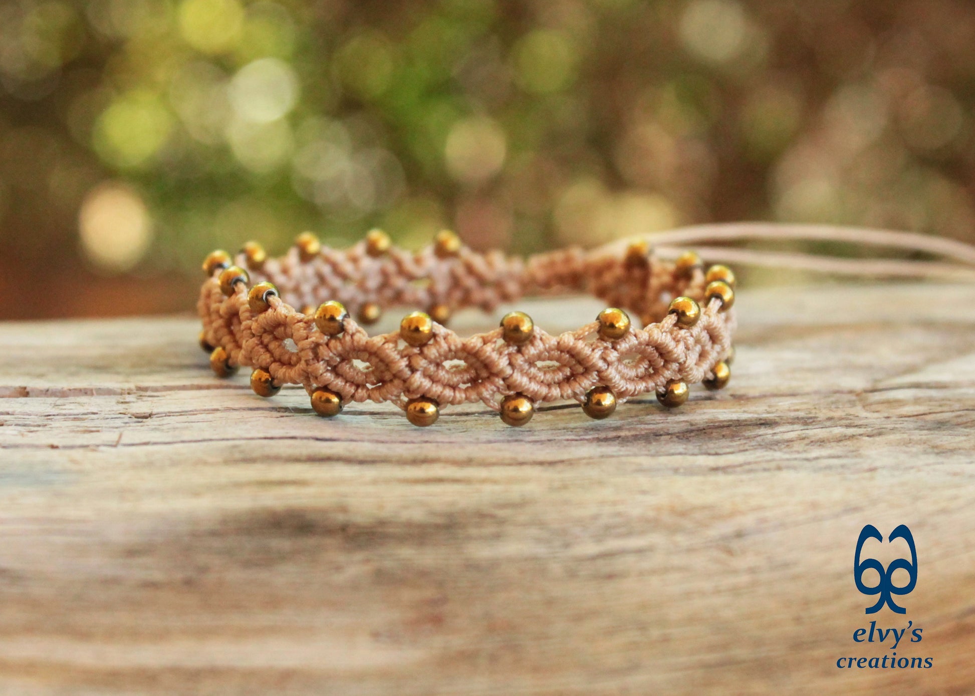 Beige Macrame Adjustable Bracelet with Gold  Hematite Gemstone Beads