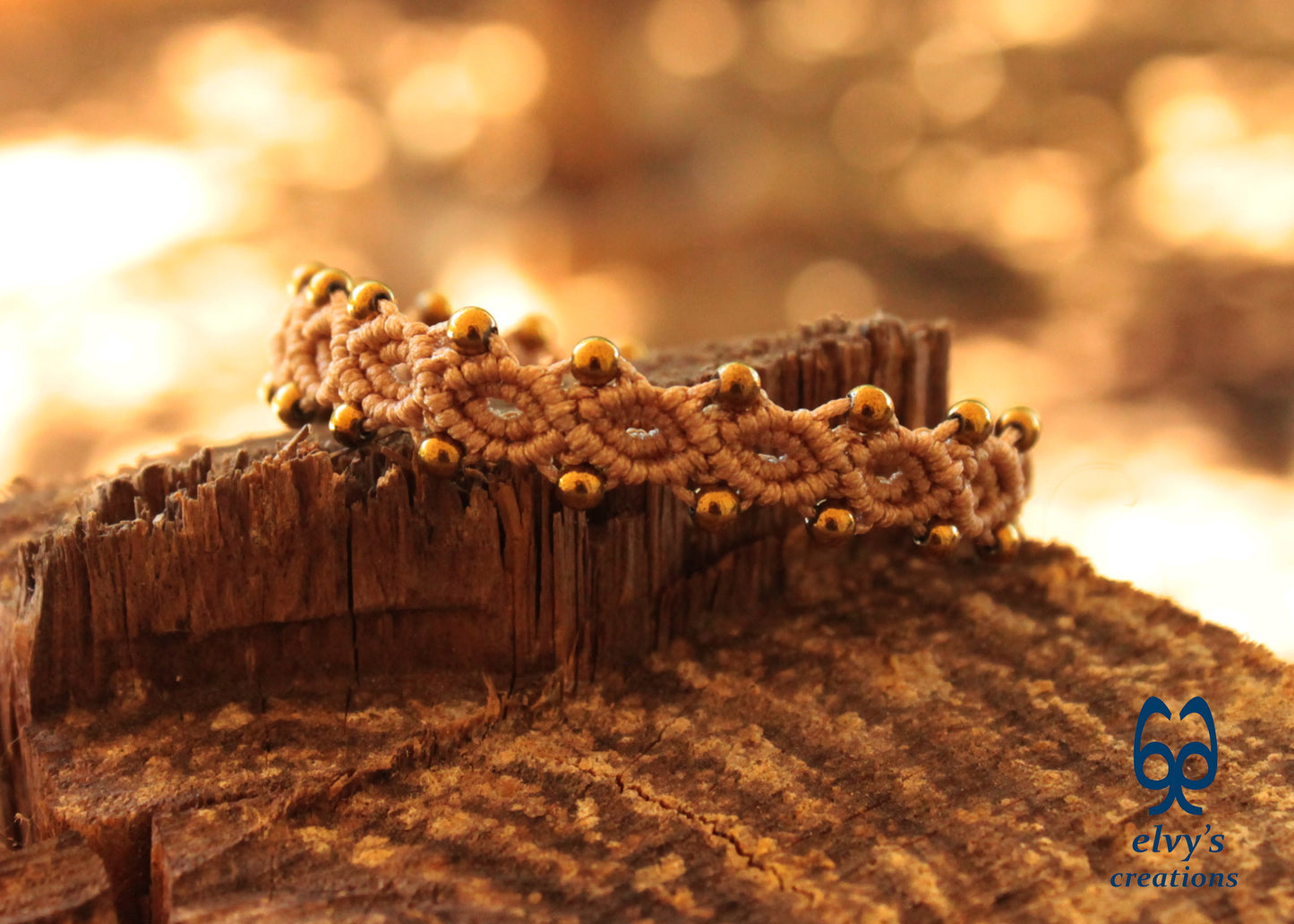 Beige Macrame Adjustable Bracelet with Gold  Hematite Gemstone Beads