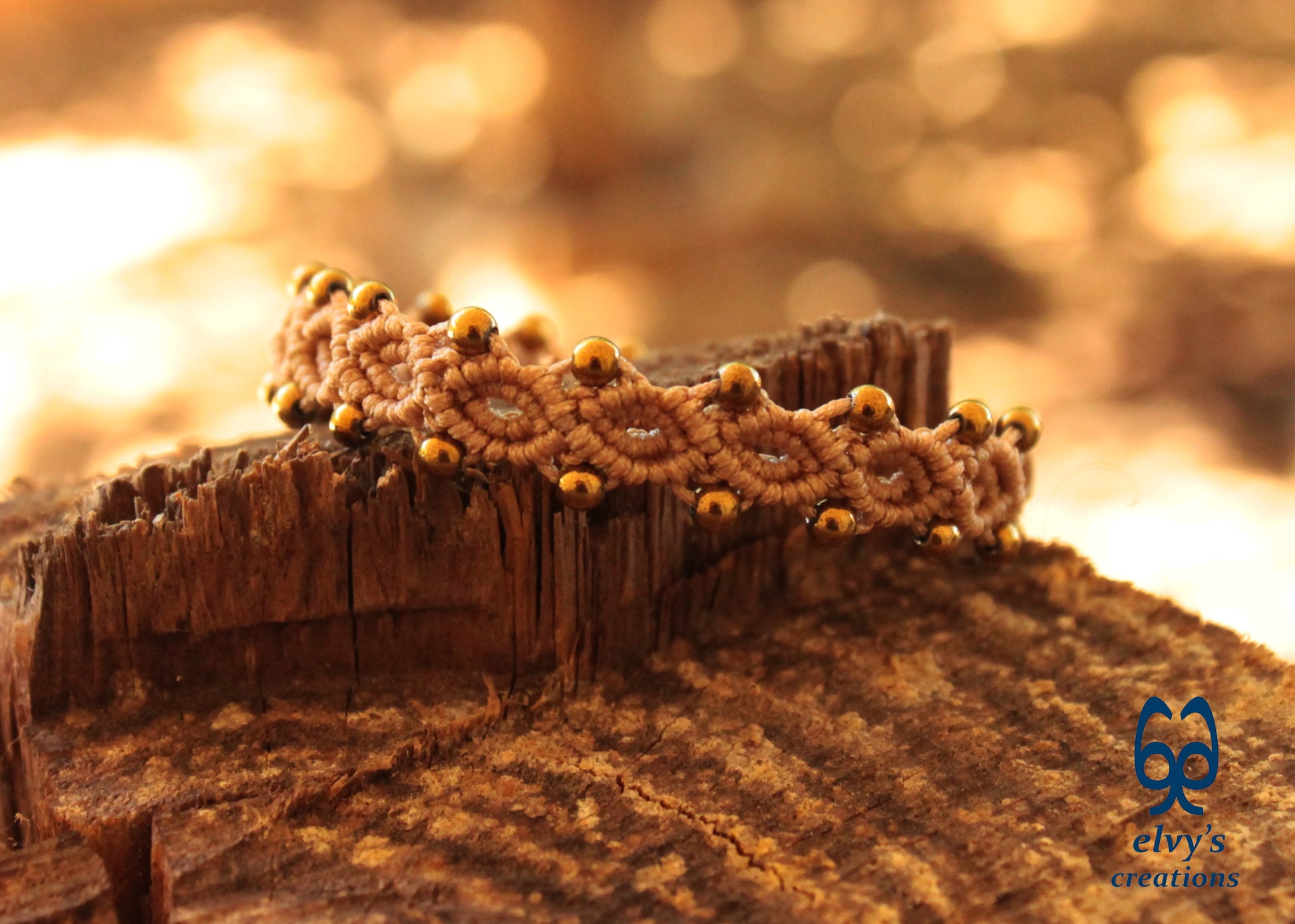 Beige Macrame Adjustable Bracelet with Gold  Hematite Gemstone Beads