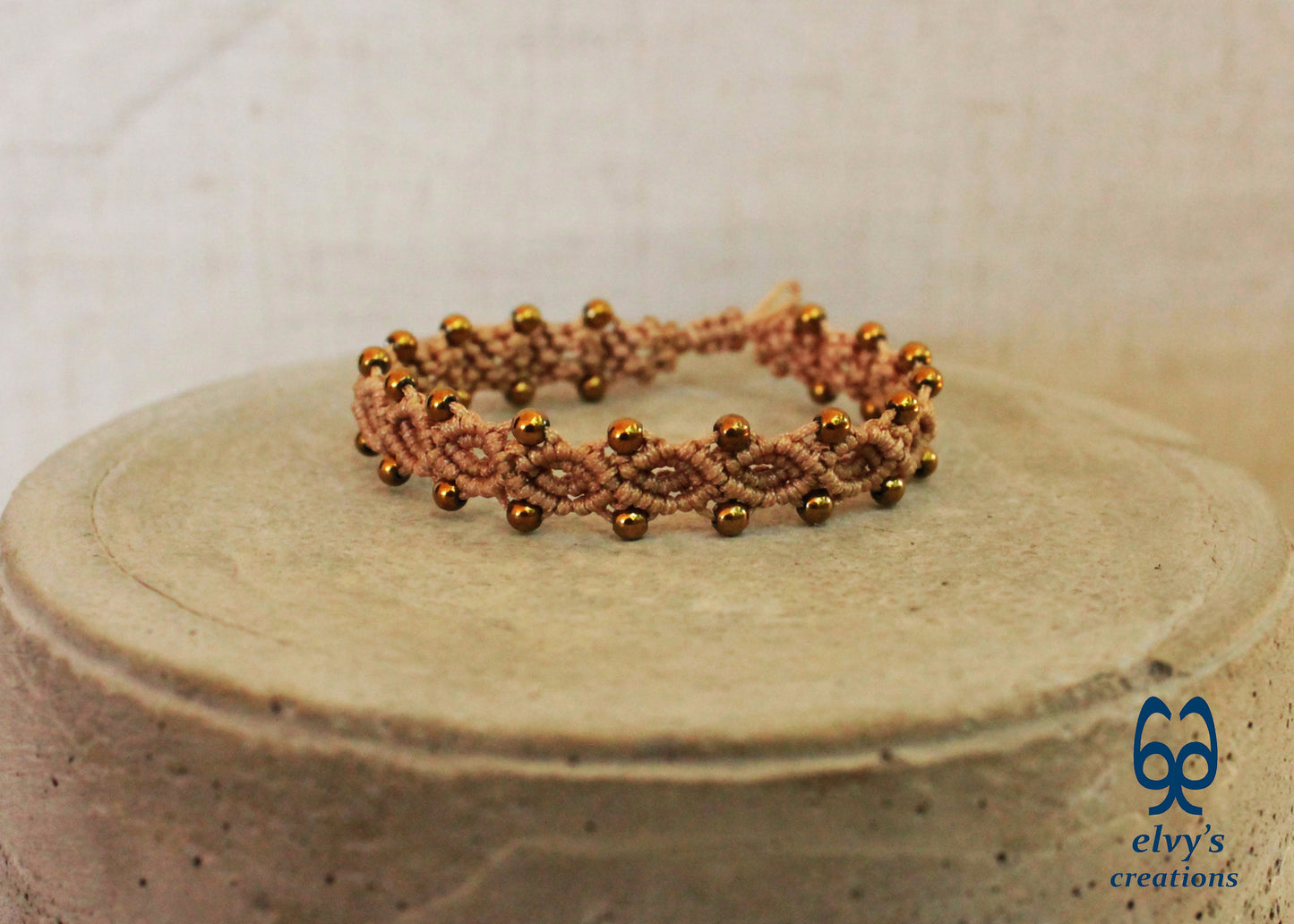 Beige Macrame Adjustable Bracelet with Gold  Hematite Gemstone Beads