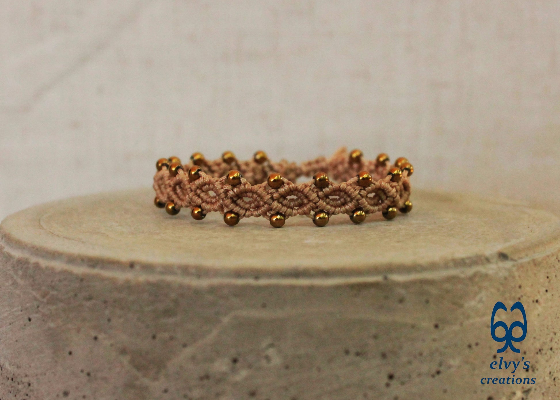 Beige Macrame Adjustable Bracelet with Gold  Hematite Gemstone Beads