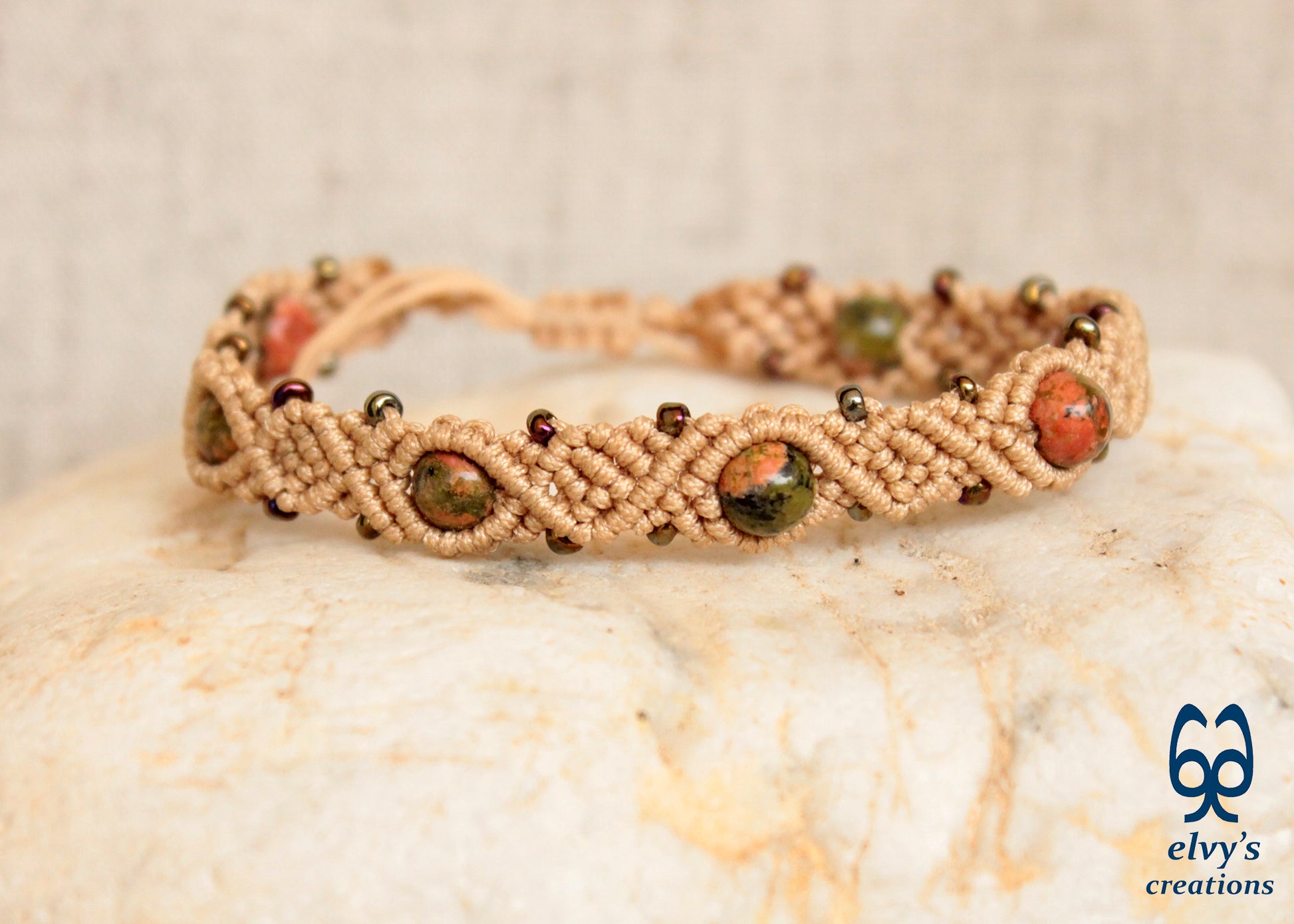 Beige Macrame Green Jasper Natural Gemstones Boho Beaded Bracelet for Women 