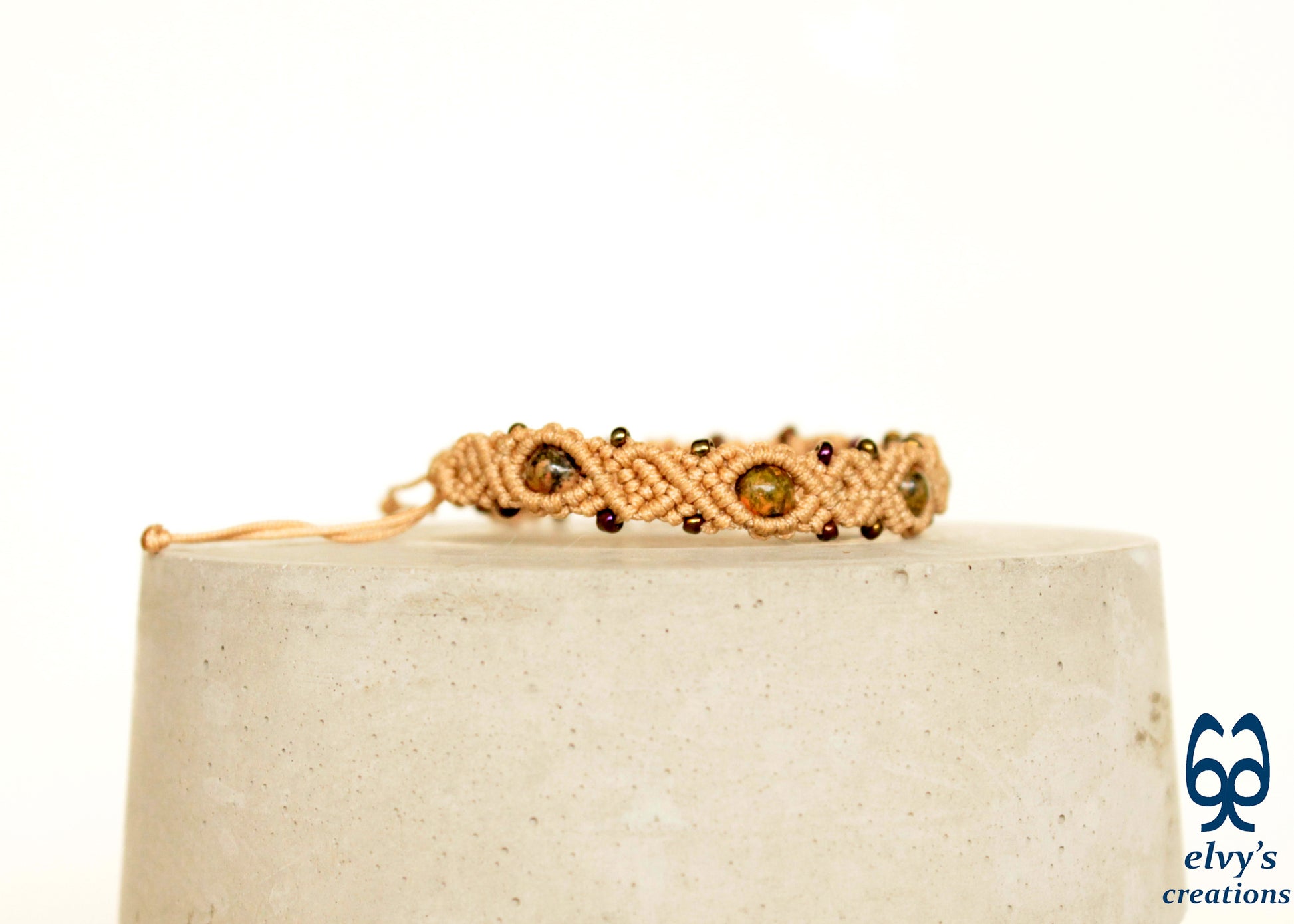 Beige Macrame Green Jasper Natural Gemstones Boho Beaded Bracelet for Women 